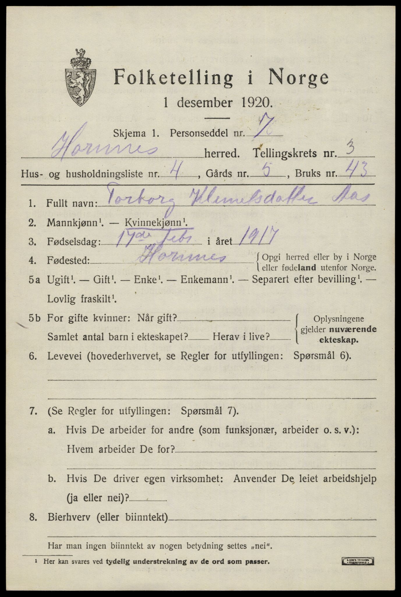 SAK, 1920 census for Hornnes, 1920, p. 837
