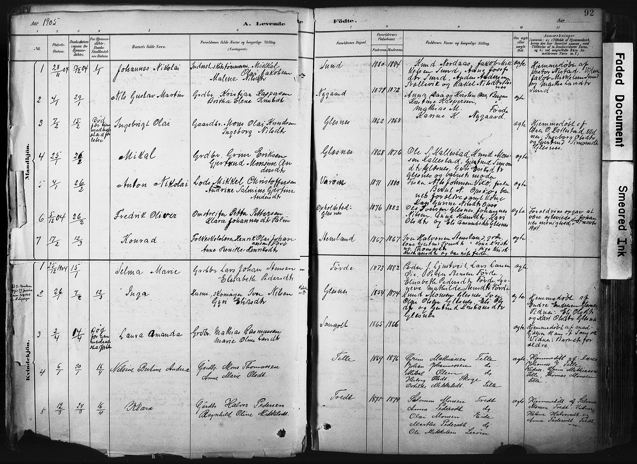 Sund sokneprestembete, AV/SAB-A-99930: Parish register (official) no. B 1, 1882-1907, p. 92