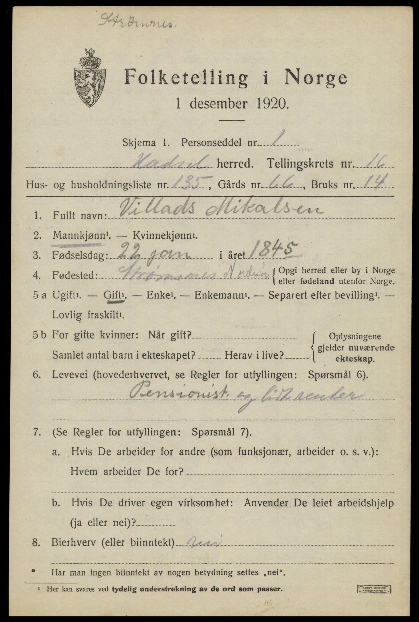 SAT, 1920 census for Hadsel, 1920, p. 15698