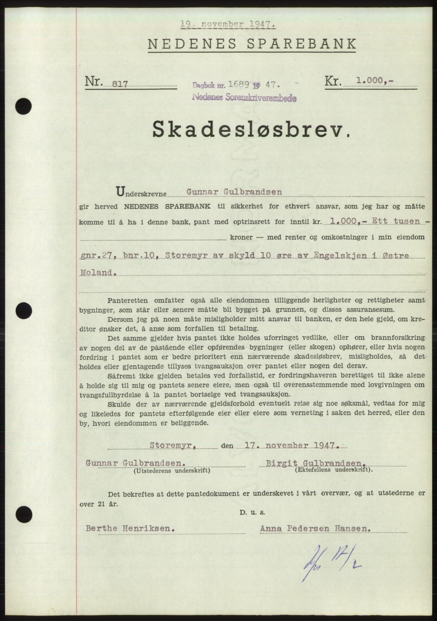 Nedenes sorenskriveri, AV/SAK-1221-0006/G/Gb/Gbb/L0004: Mortgage book no. B4, 1947-1947, Diary no: : 1689/1947