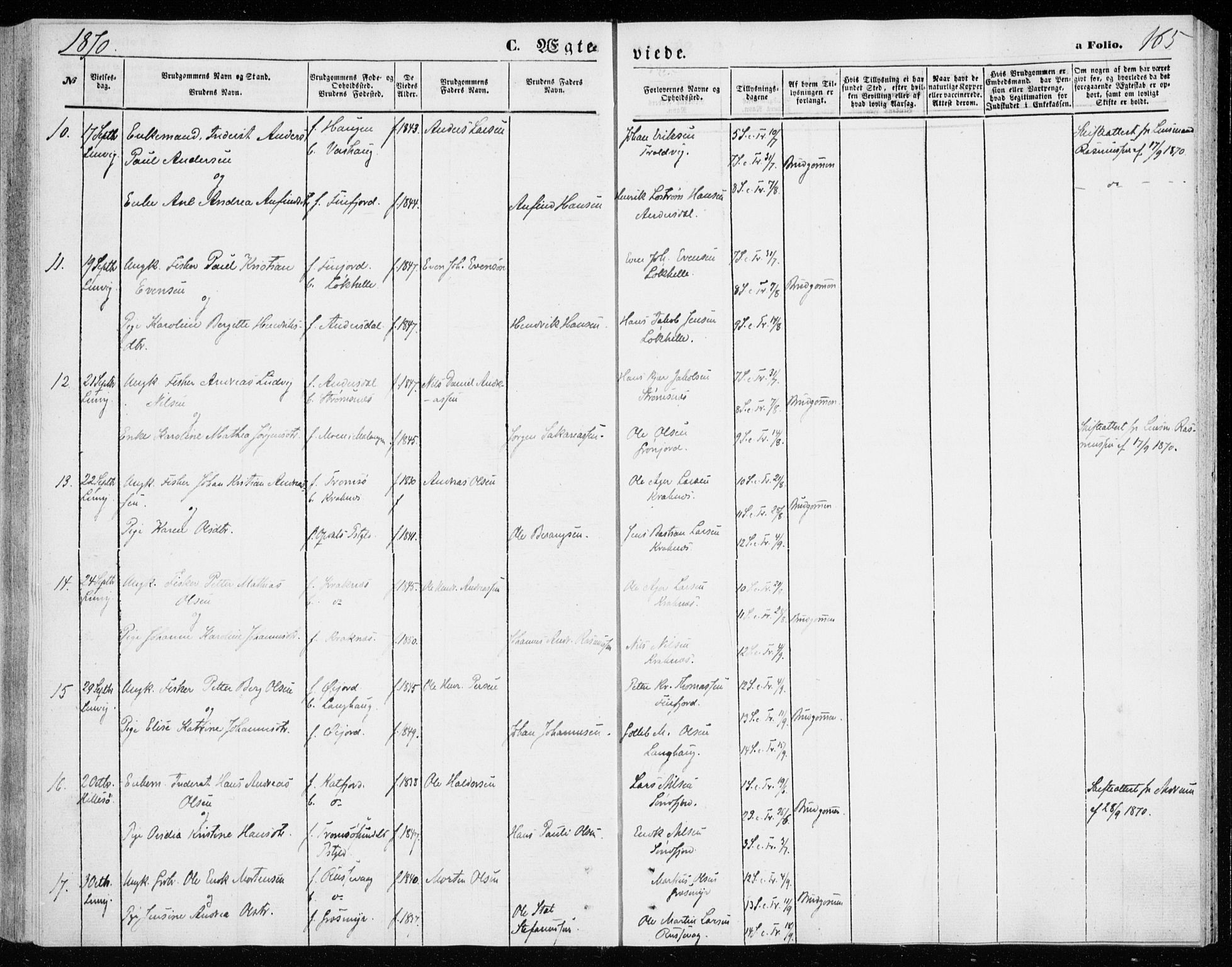 Lenvik sokneprestembete, SATØ/S-1310/H/Ha/Haa/L0009kirke: Parish register (official) no. 9, 1866-1873, p. 165