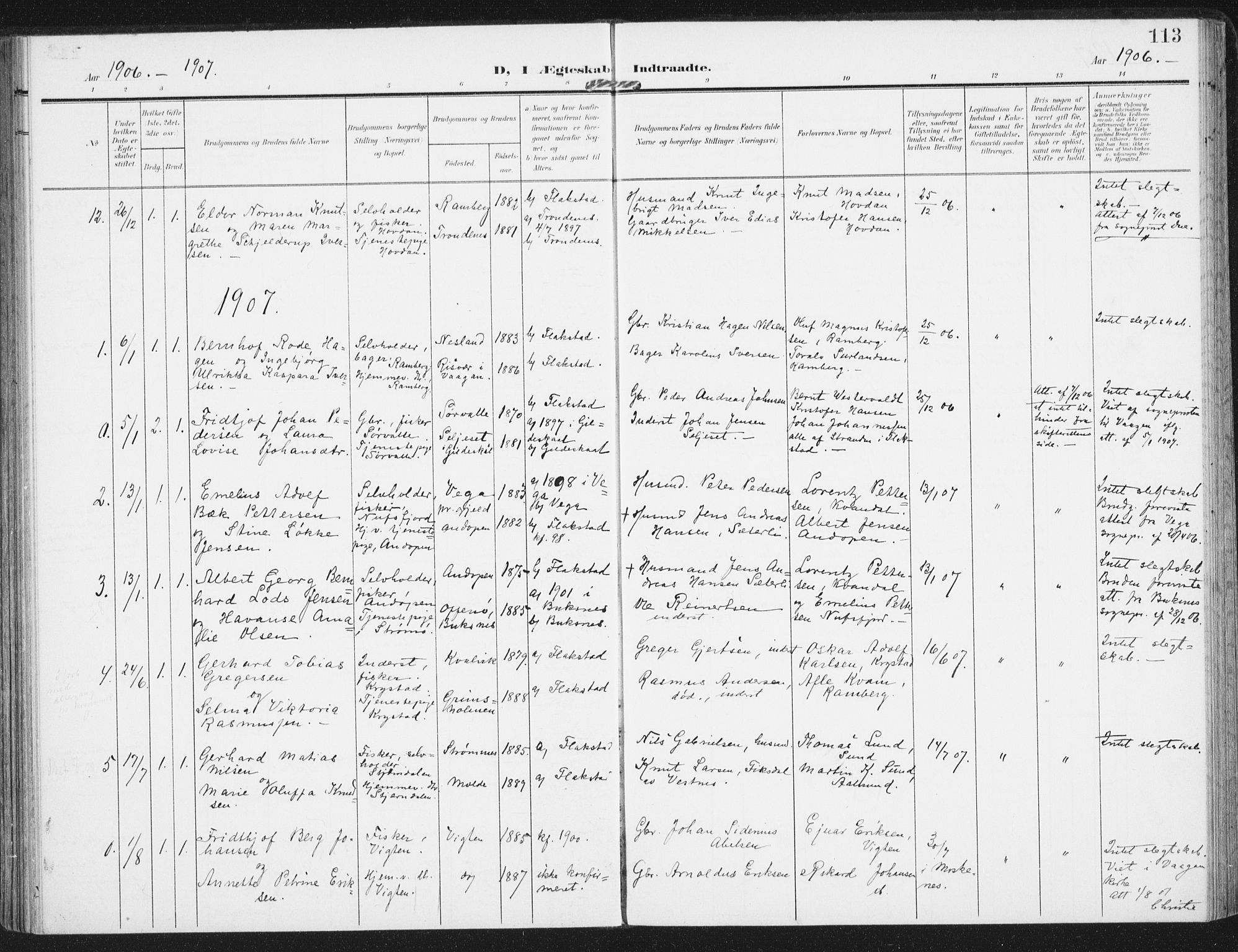 Ministerialprotokoller, klokkerbøker og fødselsregistre - Nordland, SAT/A-1459/885/L1206: Parish register (official) no. 885A07, 1905-1915, p. 113