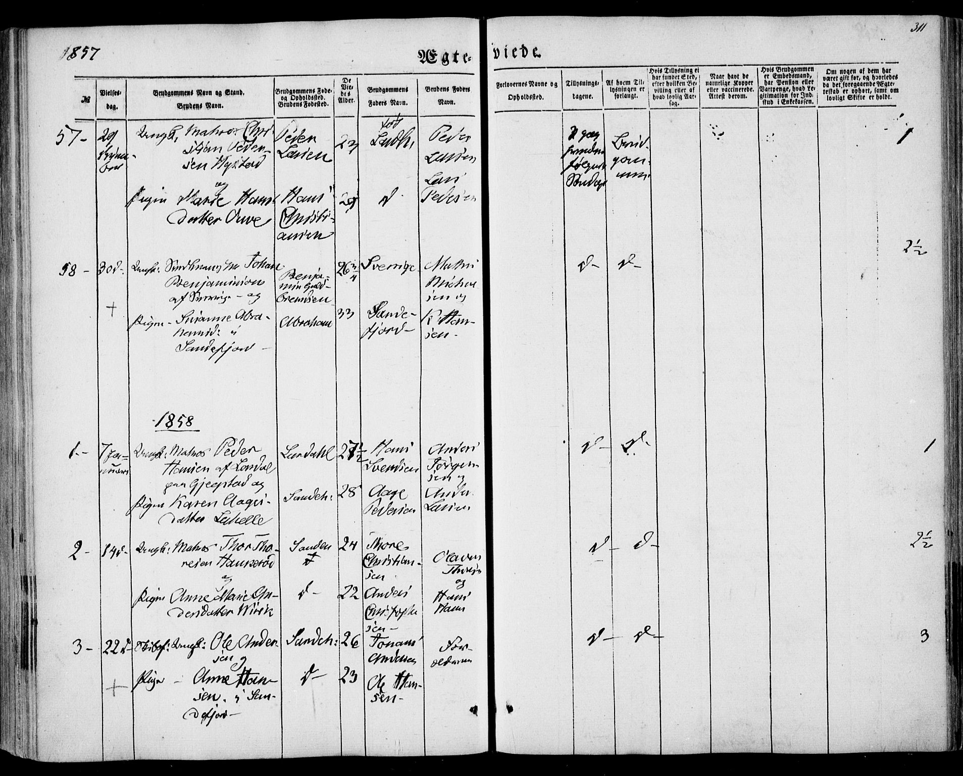 Sandar kirkebøker, SAKO/A-243/F/Fa/L0007: Parish register (official) no. 7, 1855-1861, p. 311