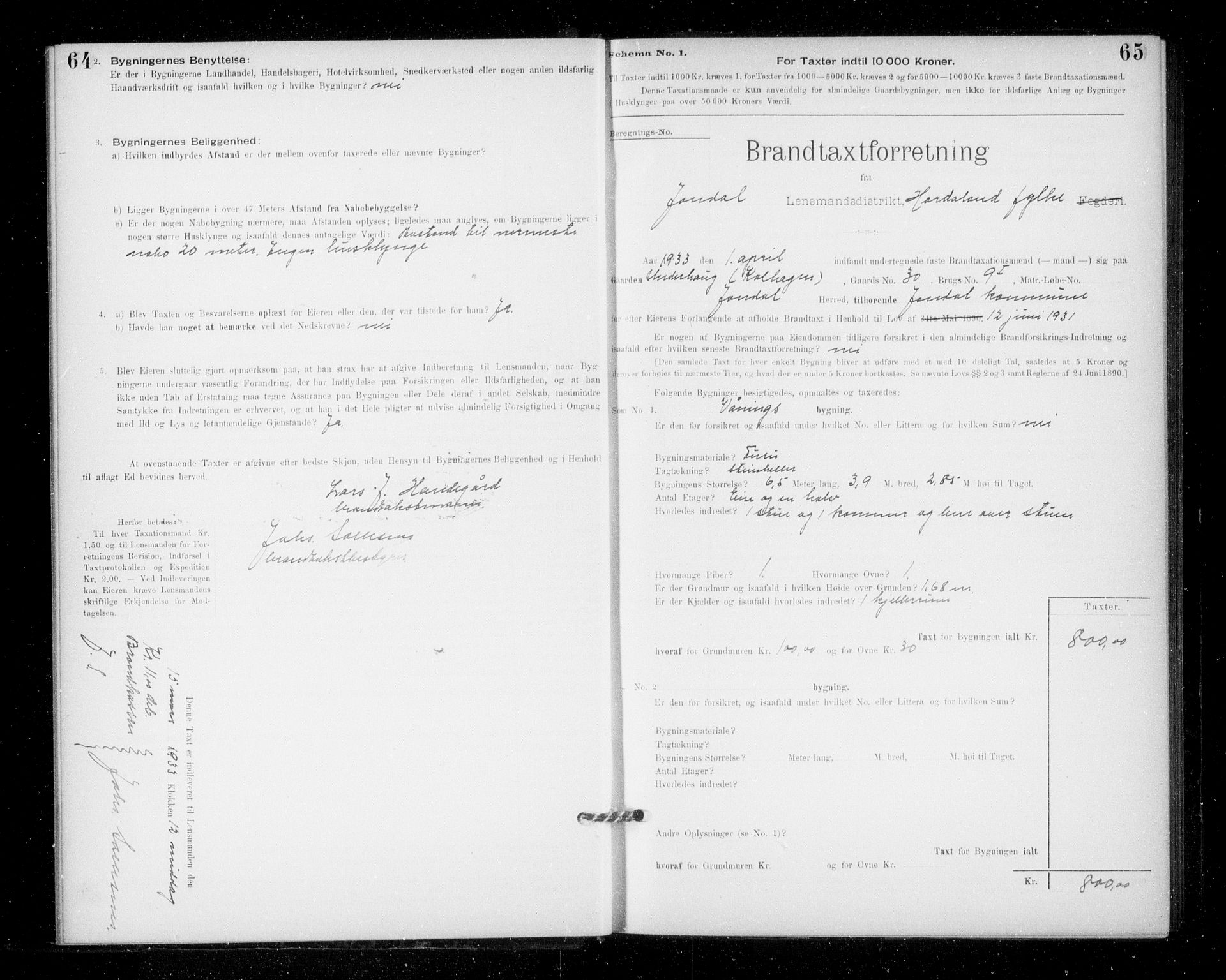 Lensmannen i Jondal, AV/SAB-A-33101/0012/L0005: Branntakstprotokoll, skjematakst, 1894-1951, p. 64-65