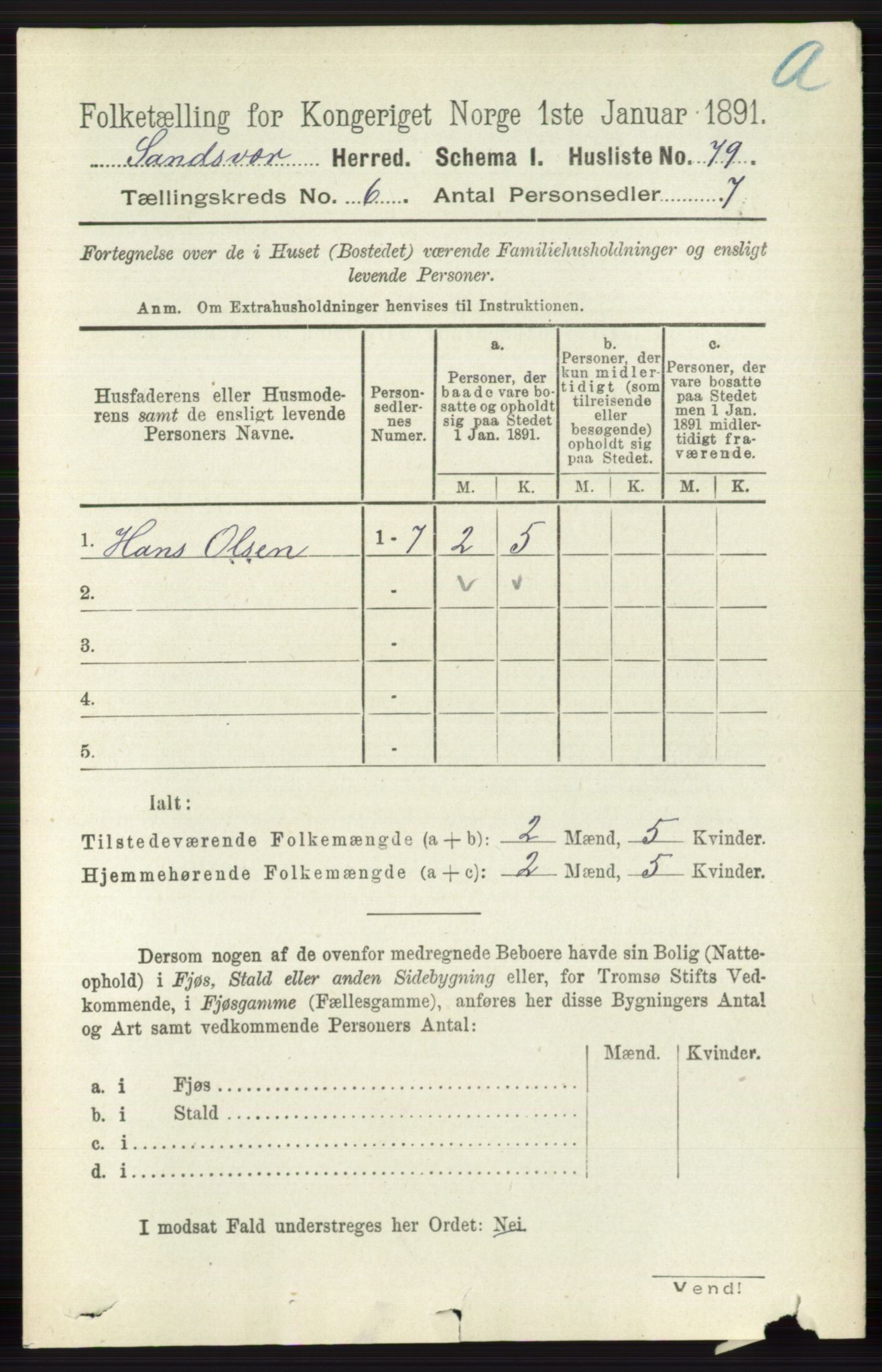 RA, 1891 census for 0629 Sandsvær, 1891, p. 3382