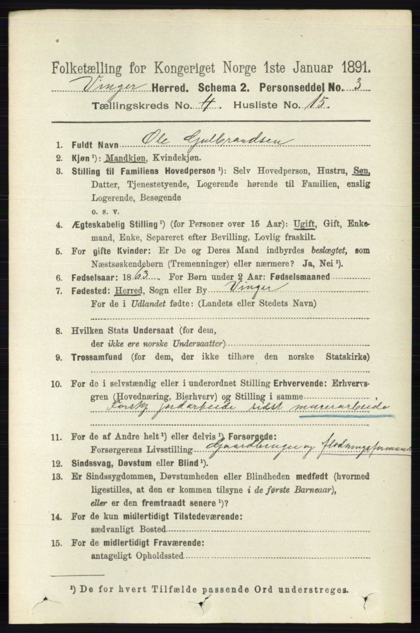 RA, 1891 census for 0421 Vinger, 1891, p. 1718