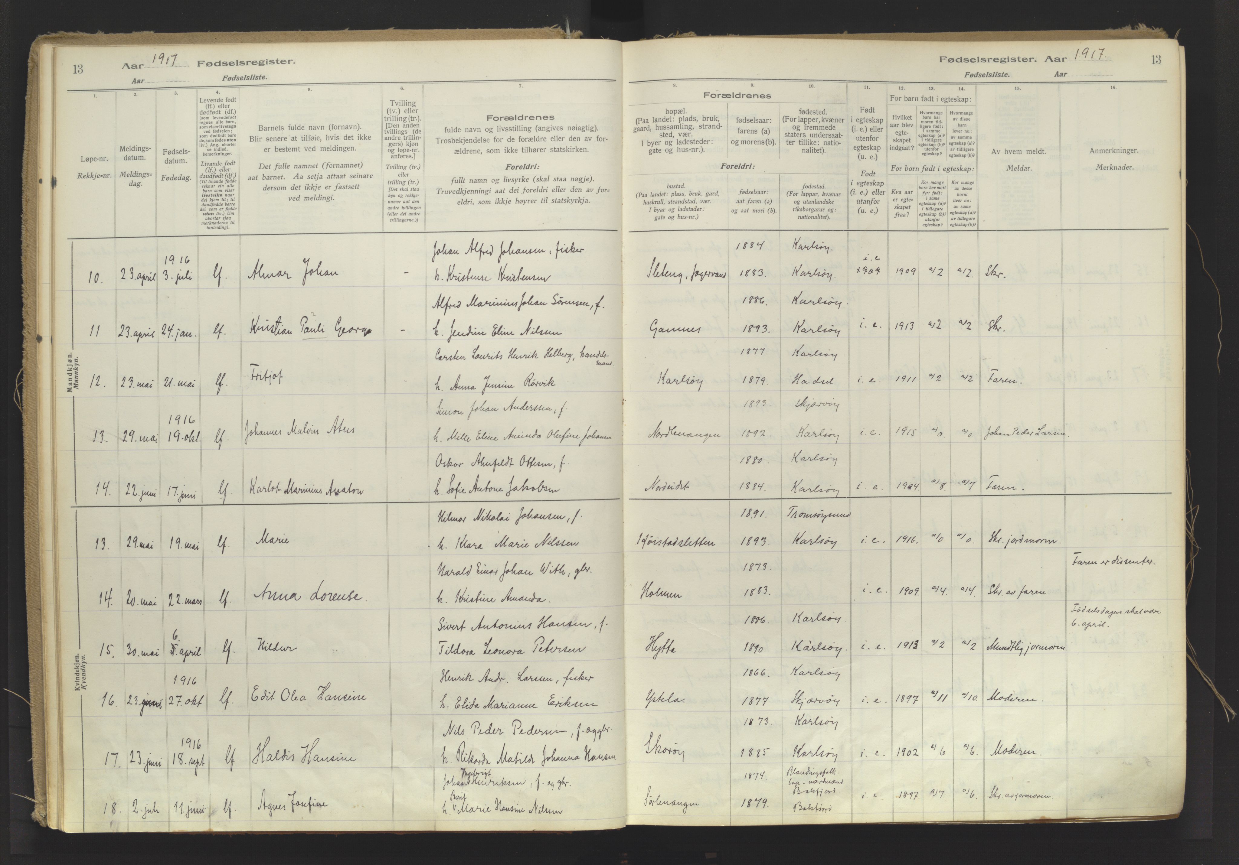 Karlsøy sokneprestembete, AV/SATØ-S-1299/I/Ic/L0064: Birth register no. 64, 1916-1943, p. 13