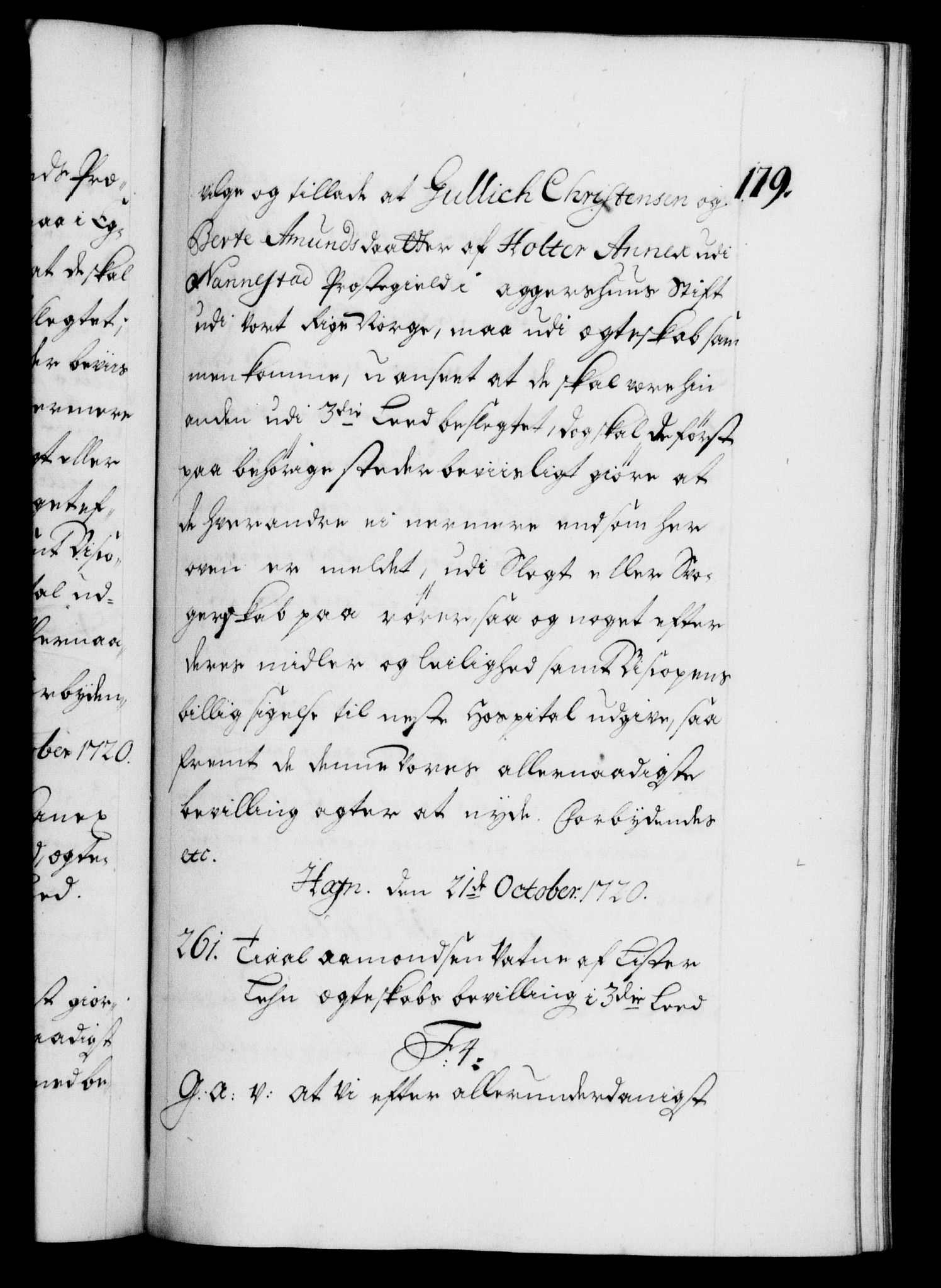 Danske Kanselli 1572-1799, AV/RA-EA-3023/F/Fc/Fca/Fcaa/L0023: Norske registre, 1720-1722, p. 179a