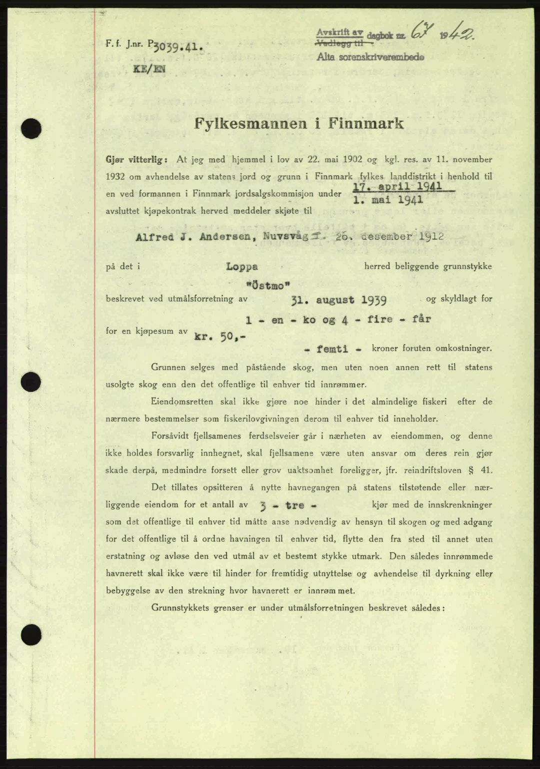 Alta fogderi/sorenskriveri, SATØ/SATØ-5/1/K/Kd/L0033pantebok: Mortgage book no. 33, 1940-1943, Diary no: : 67/1942