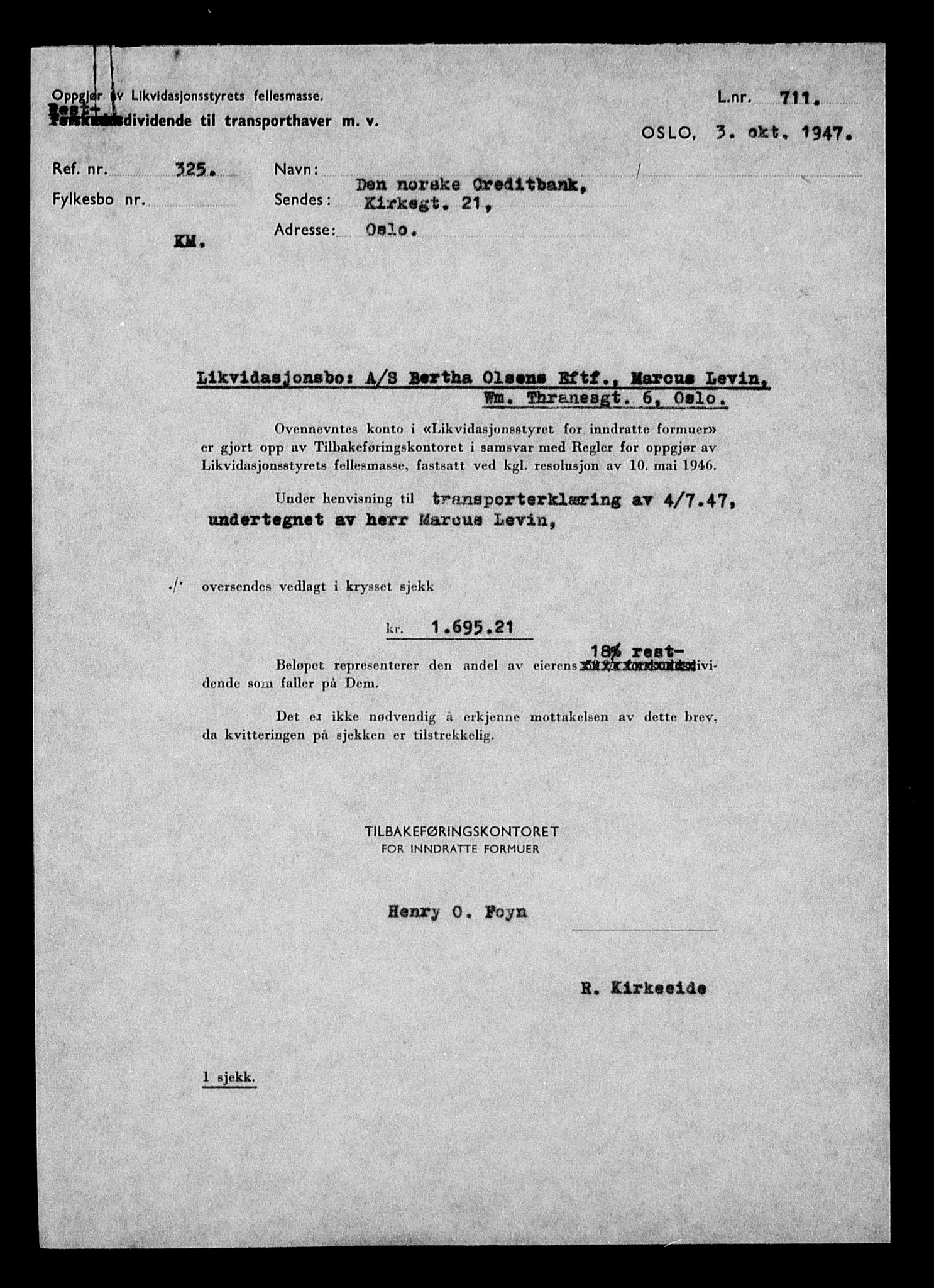 Justisdepartementet, Tilbakeføringskontoret for inndratte formuer, AV/RA-S-1564/H/Hc/Hcc/L0957: --, 1945-1947, p. 442