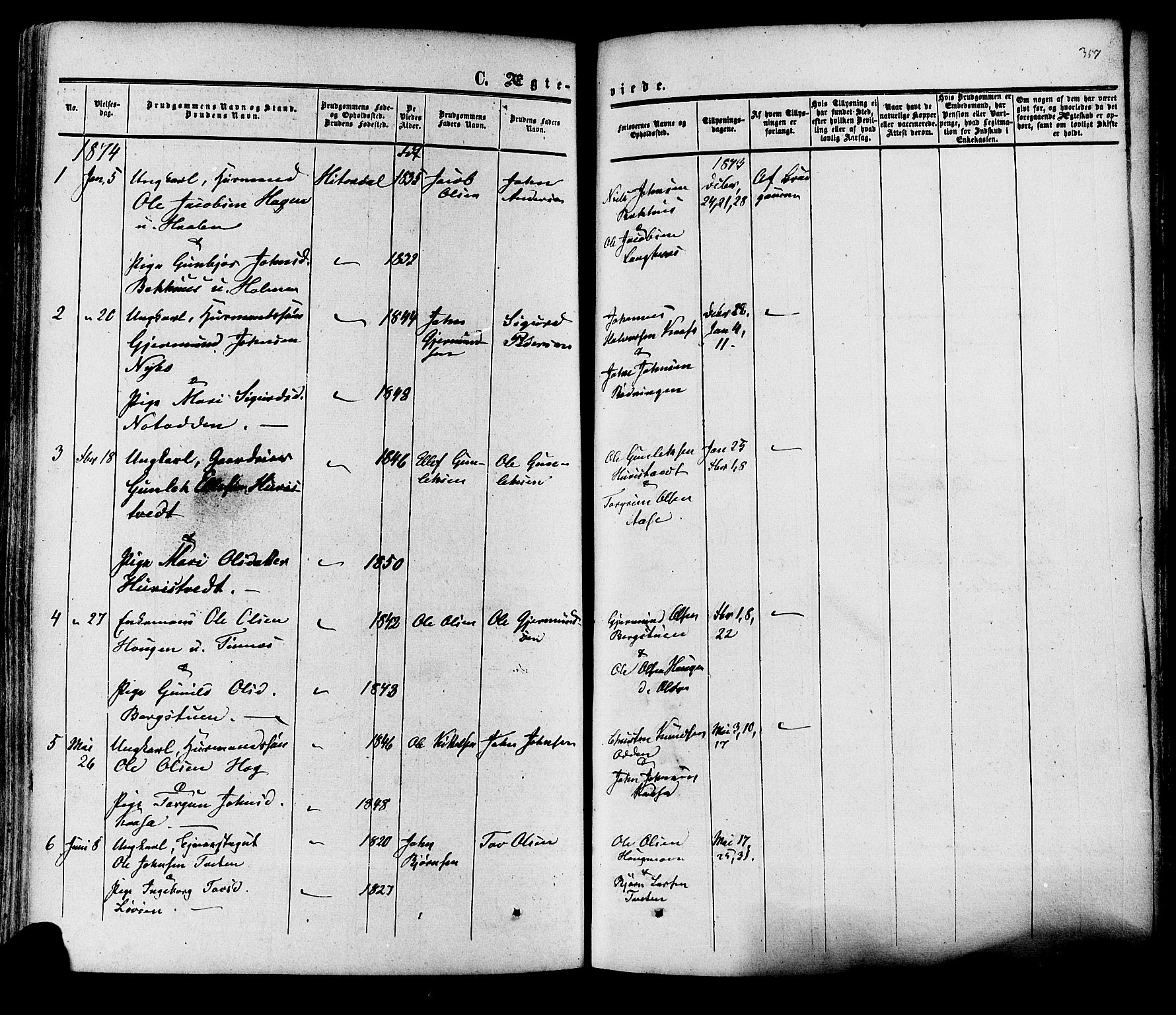 Heddal kirkebøker, SAKO/A-268/F/Fa/L0007: Parish register (official) no. I 7, 1855-1877, p. 357