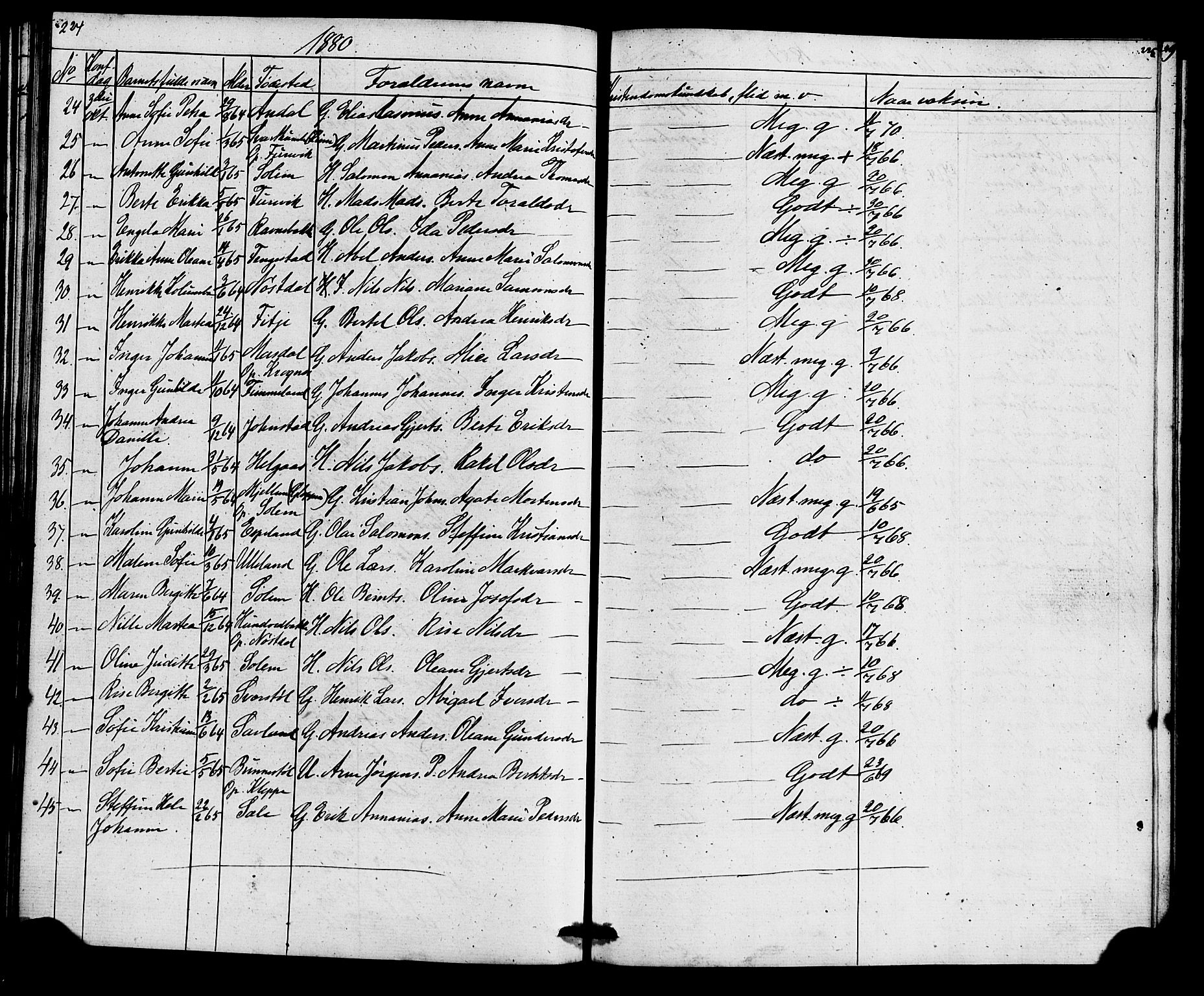 Førde sokneprestembete, SAB/A-79901: Curate's parish register no. A 1, 1870-1881, p. 224-225