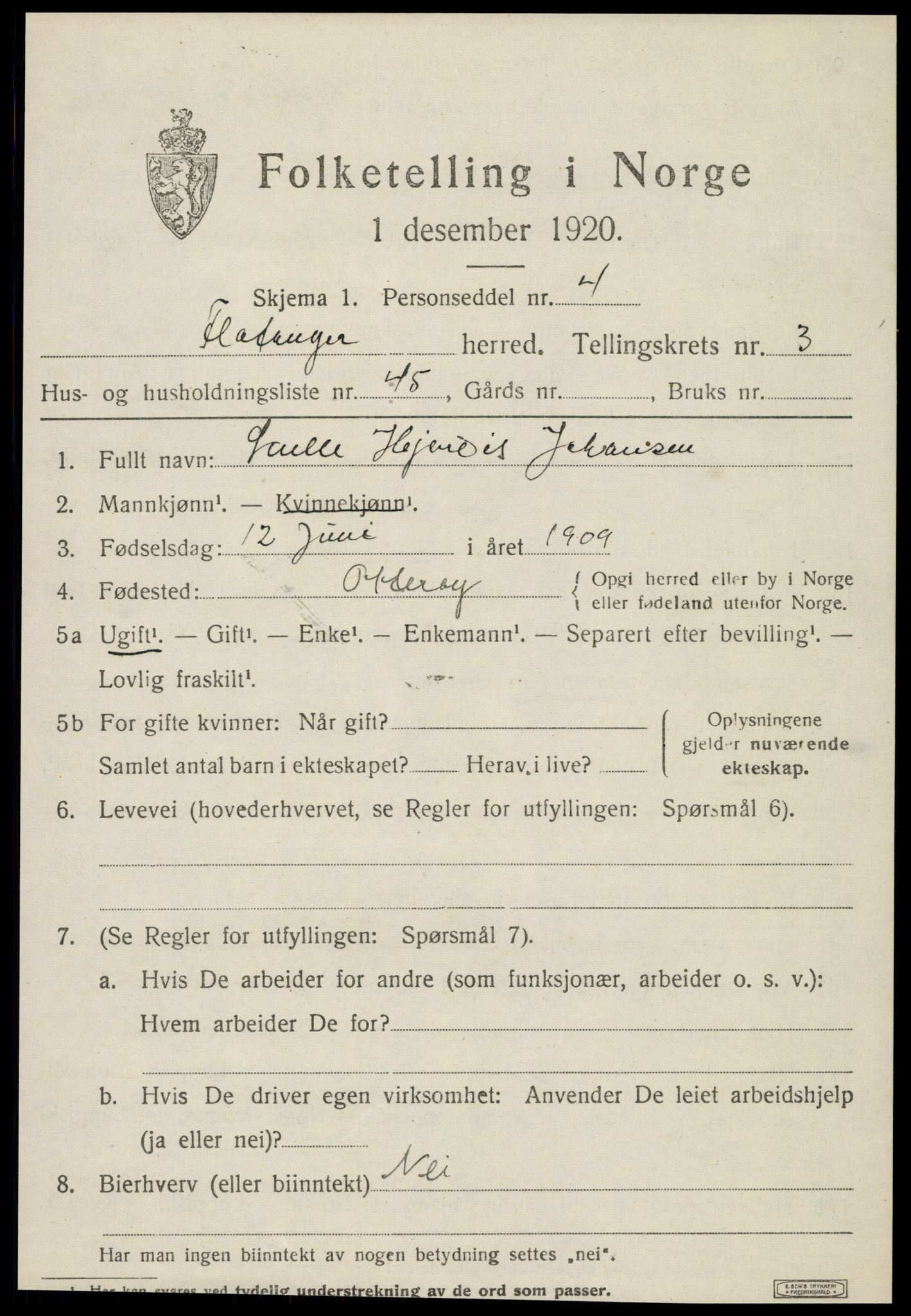 SAT, 1920 census for Flatanger, 1920, p. 2120