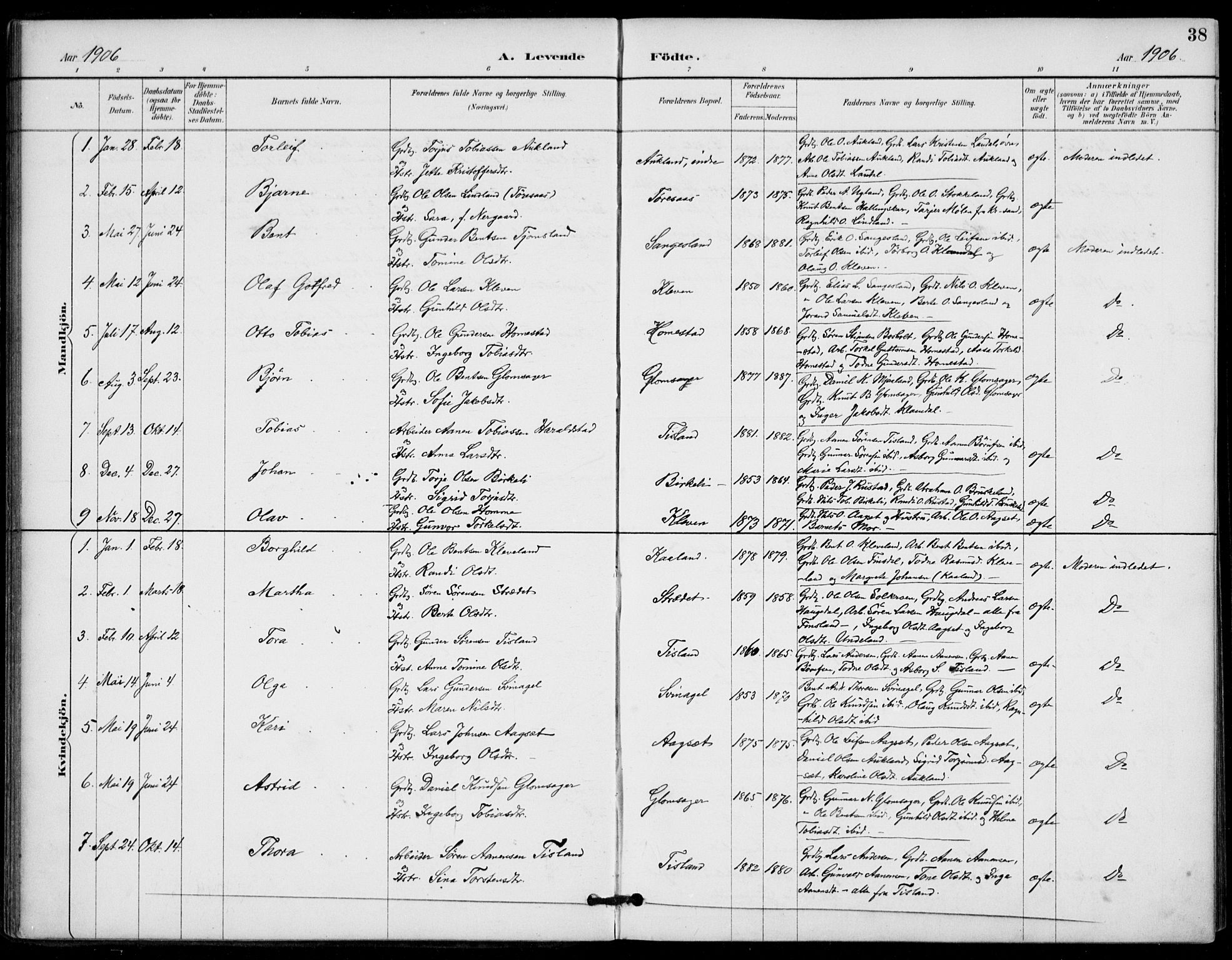 Holum sokneprestkontor, AV/SAK-1111-0022/F/Fa/Fab/L0007: Parish register (official) no. A 7, 1887-1912, p. 38