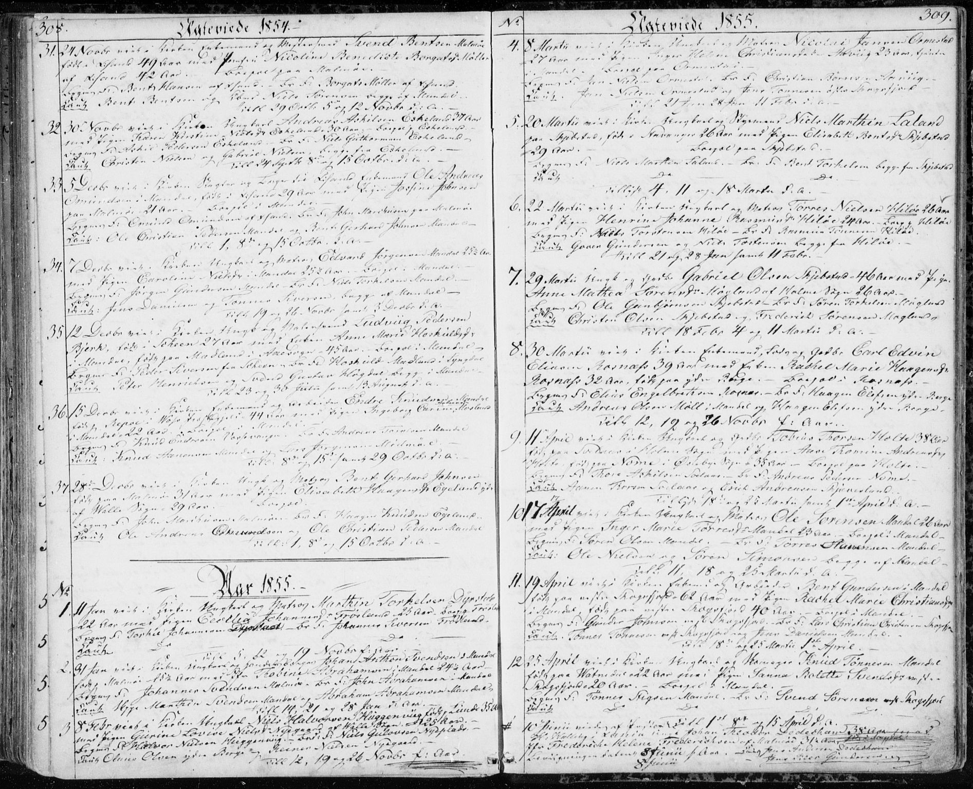 Mandal sokneprestkontor, SAK/1111-0030/F/Fb/Fba/L0008: Parish register (copy) no. B 2, 1854-1868, p. 308-309