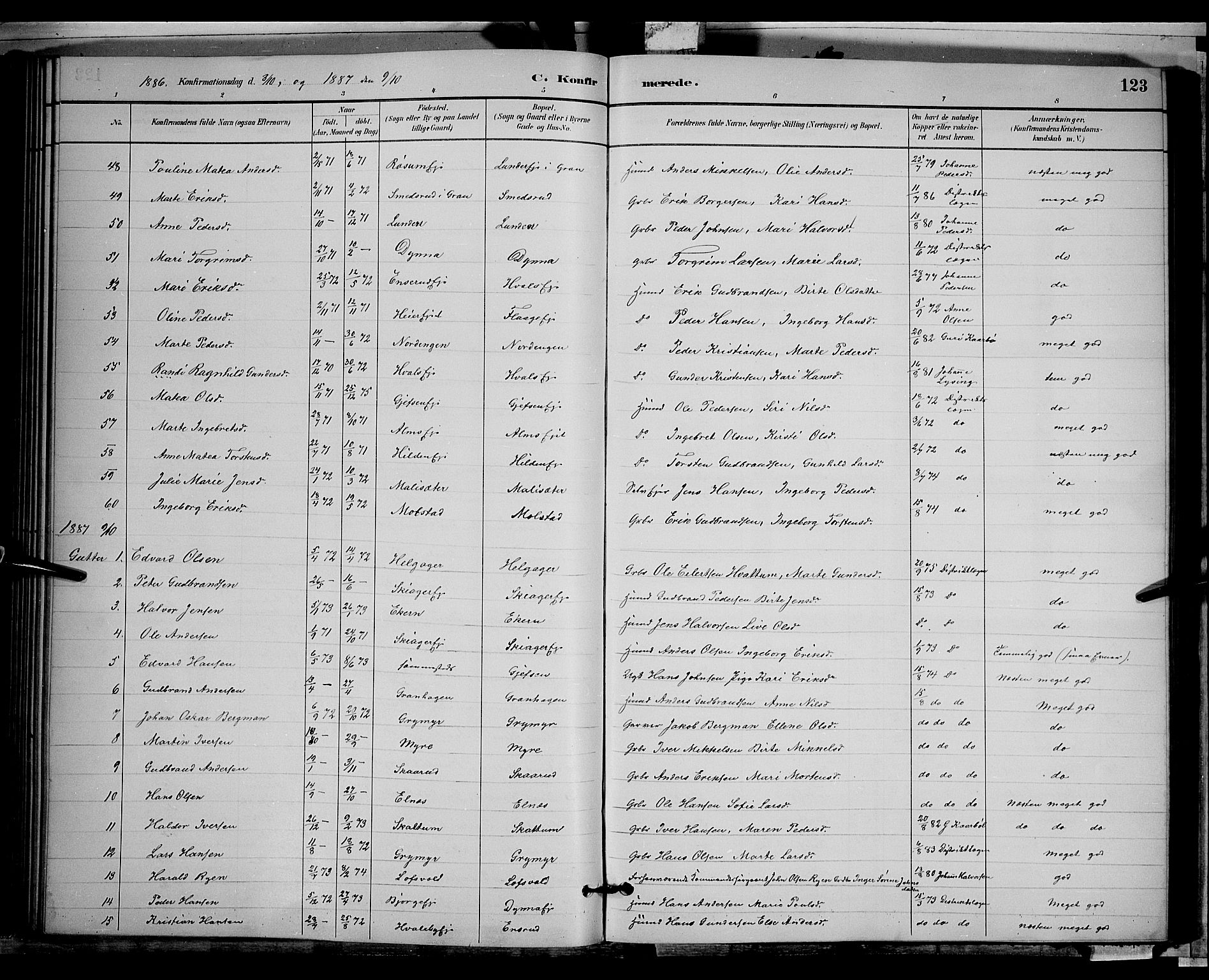 Gran prestekontor, SAH/PREST-112/H/Ha/Hab/L0002: Parish register (copy) no. 2, 1879-1892, p. 123