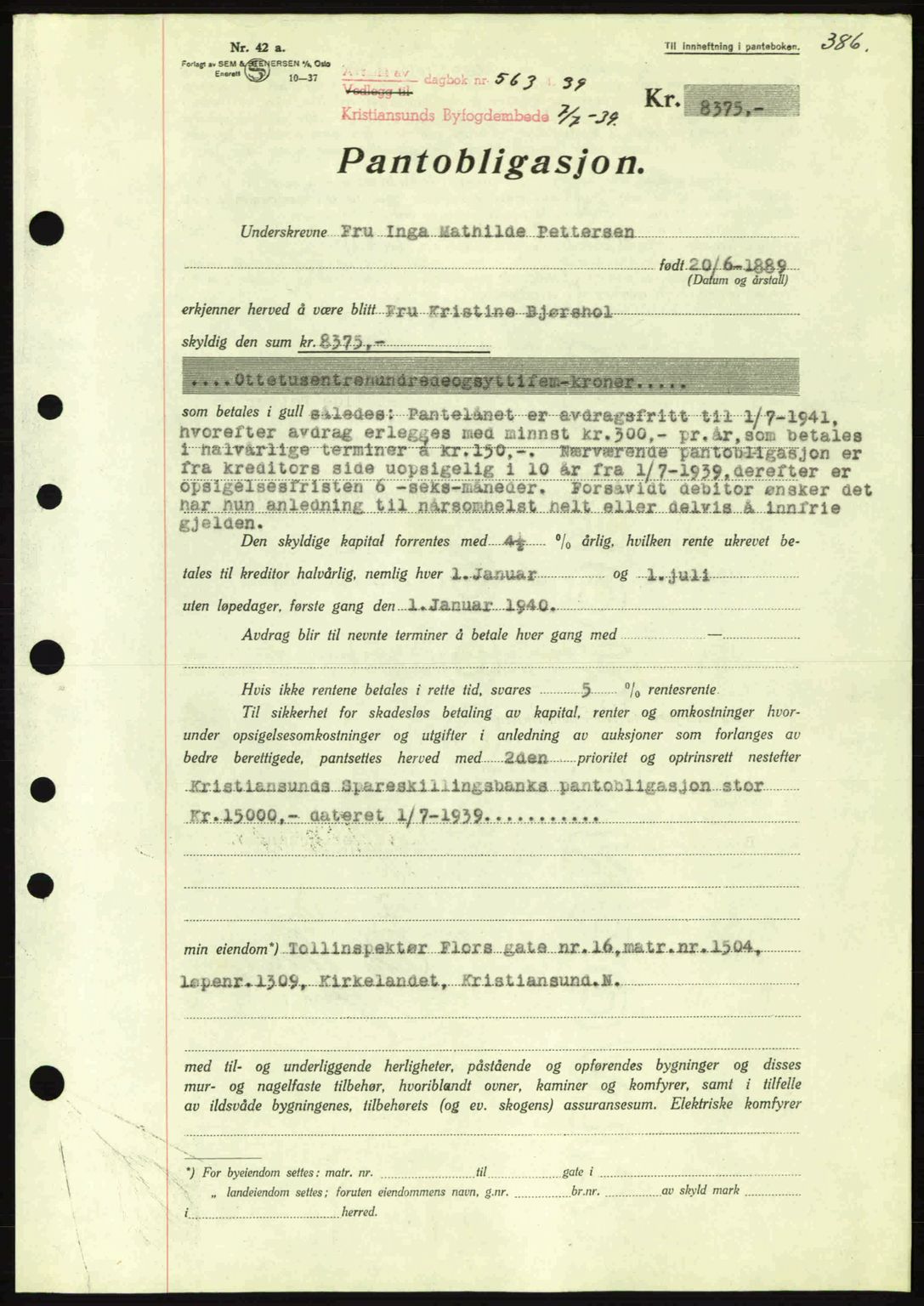 Kristiansund byfogd, SAT/A-4587/A/27: Mortgage book no. 31, 1938-1939, Diary no: : 563/1939