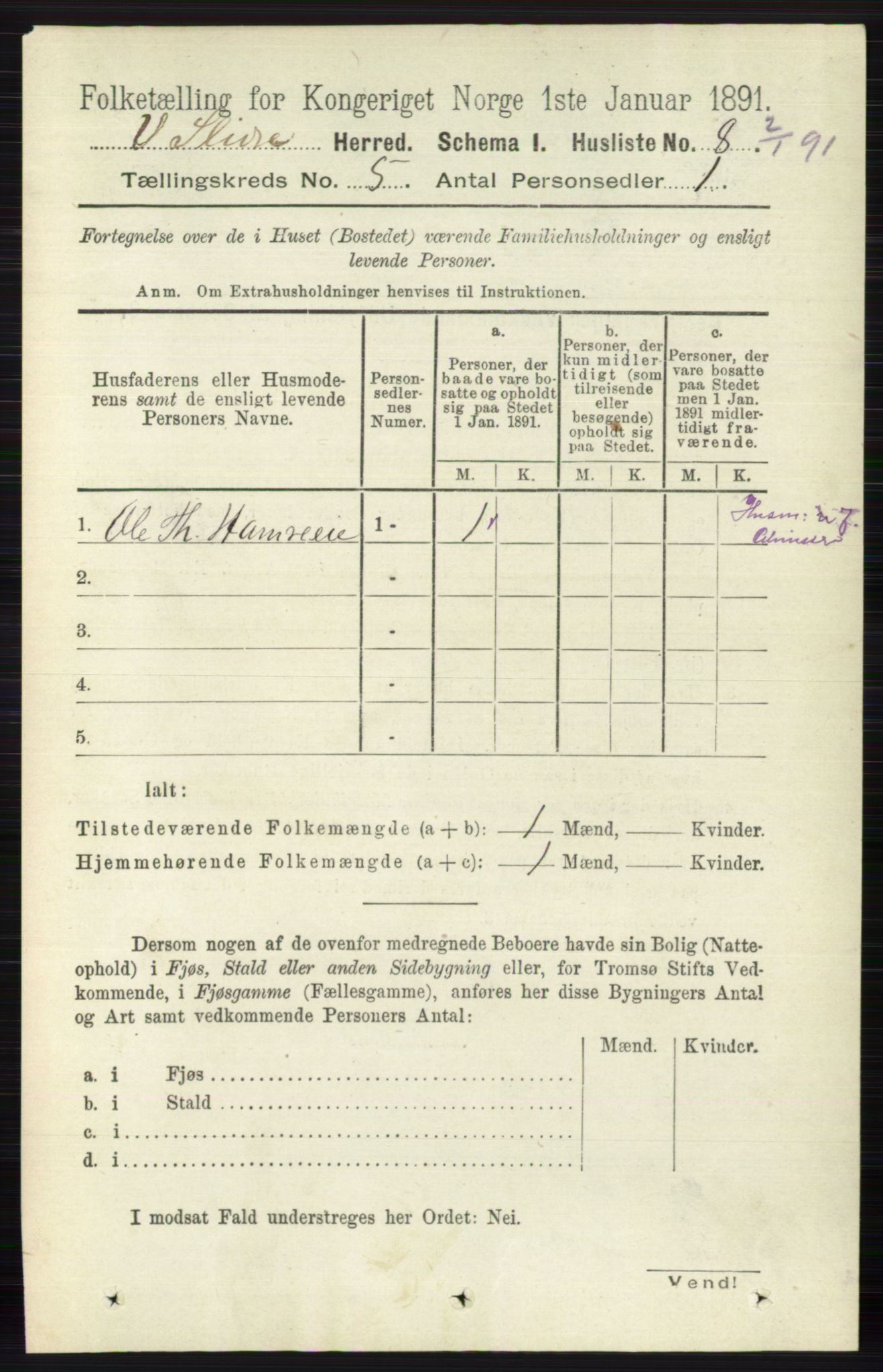 RA, 1891 census for 0543 Vestre Slidre, 1891, p. 1696