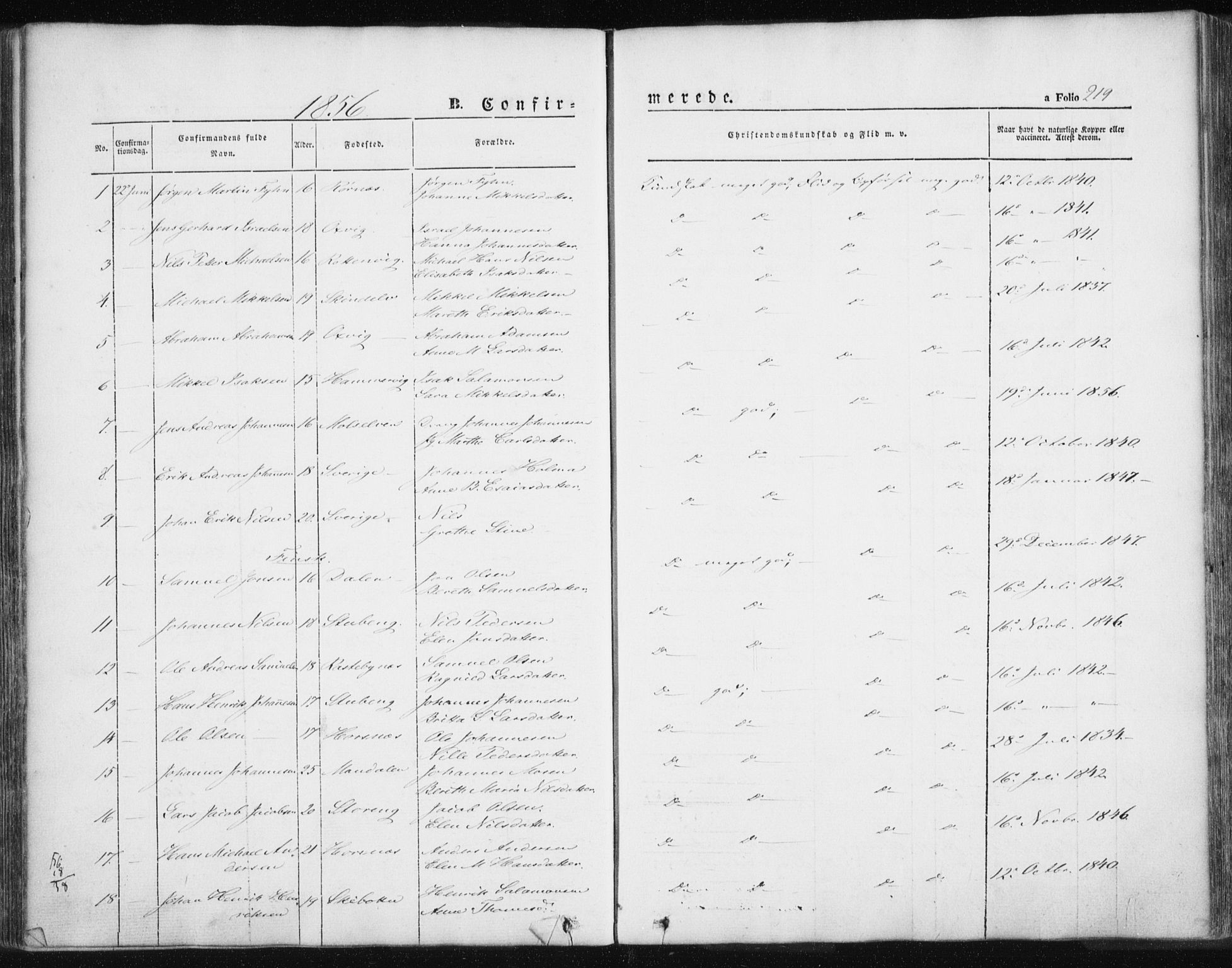 Lyngen sokneprestembete, SATØ/S-1289/H/He/Hea/L0004kirke: Parish register (official) no. 4, 1839-1858, p. 219