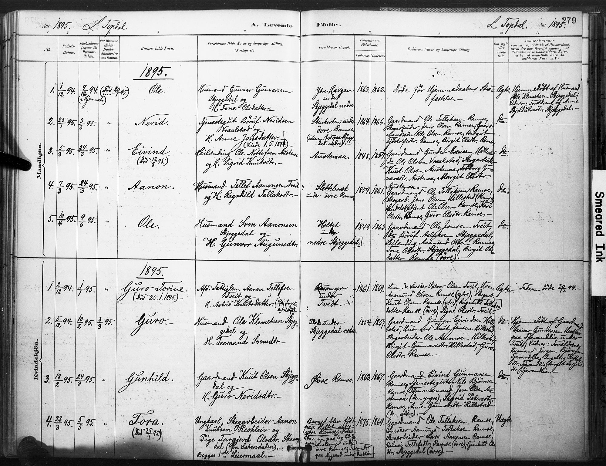 Åmli sokneprestkontor, SAK/1111-0050/F/Fa/Fac/L0010: Parish register (official) no. A 10 /3, 1885-1899, p. 279