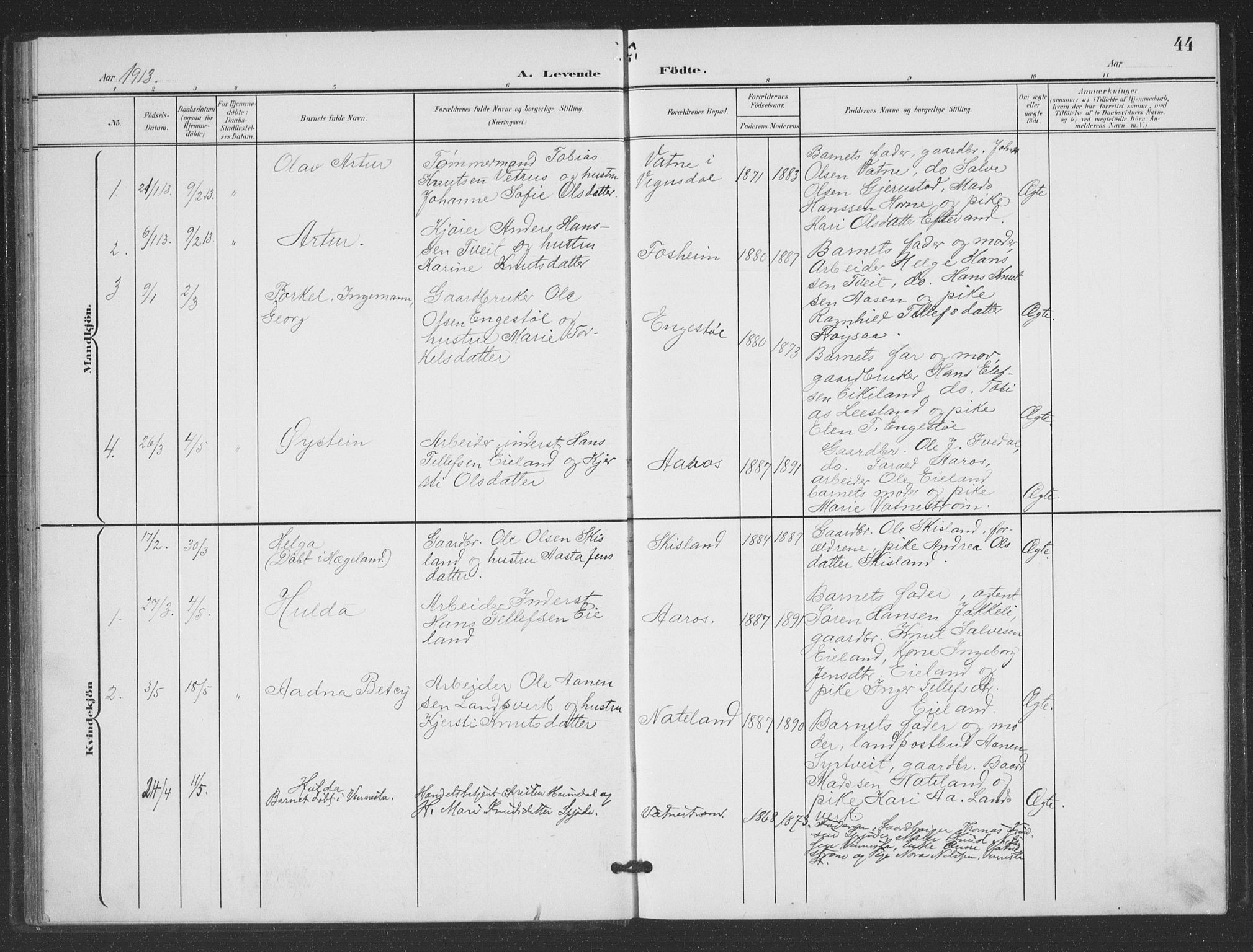 Evje sokneprestkontor, SAK/1111-0008/F/Fb/Fbc/L0005: Parish register (copy) no. B 5, 1901-1935, p. 44