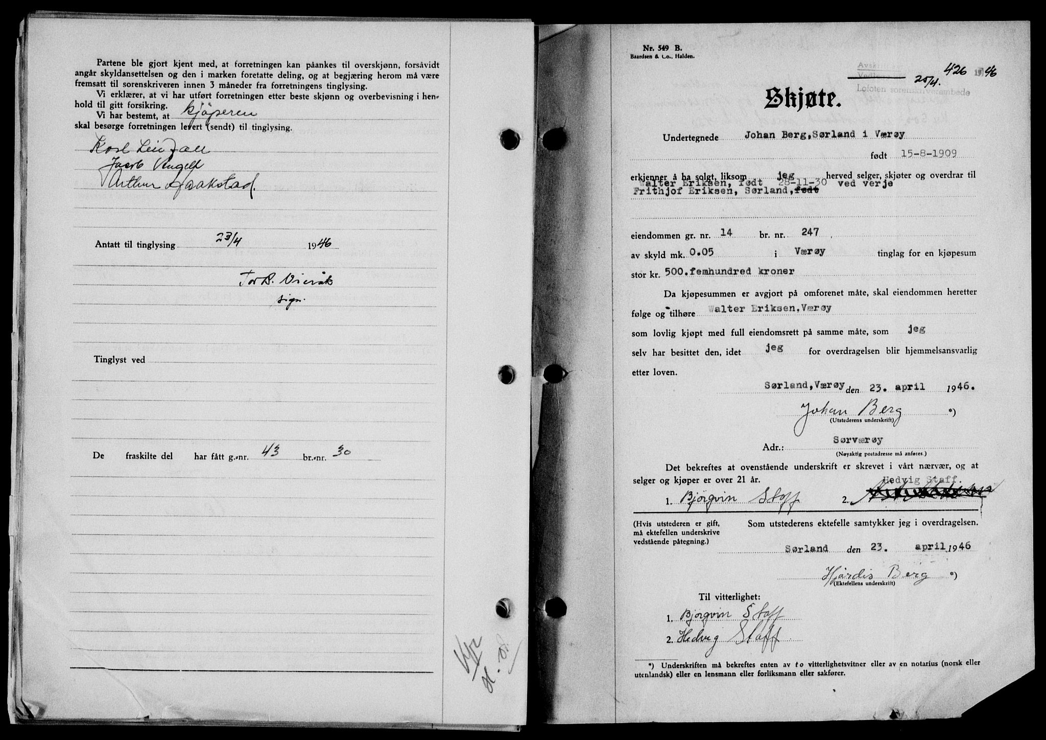 Lofoten sorenskriveri, SAT/A-0017/1/2/2C/L0013a: Mortgage book no. 13a, 1944-1946, Diary no: : 426/1946