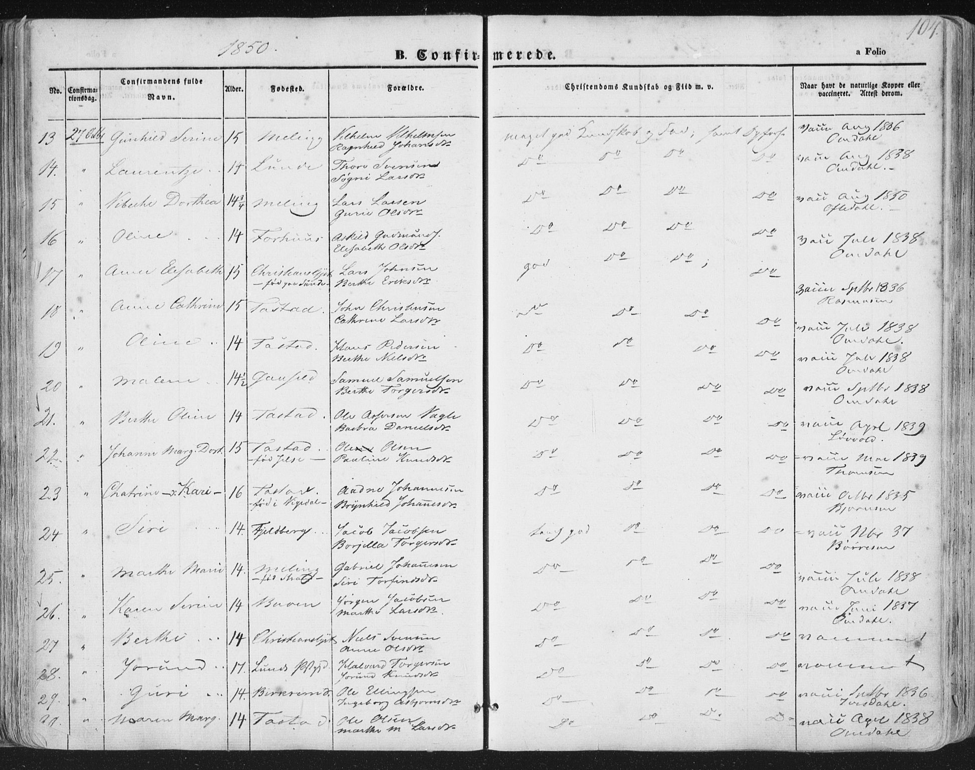 Hetland sokneprestkontor, AV/SAST-A-101826/30/30BA/L0002: Parish register (official) no. A 2, 1849-1869, p. 104