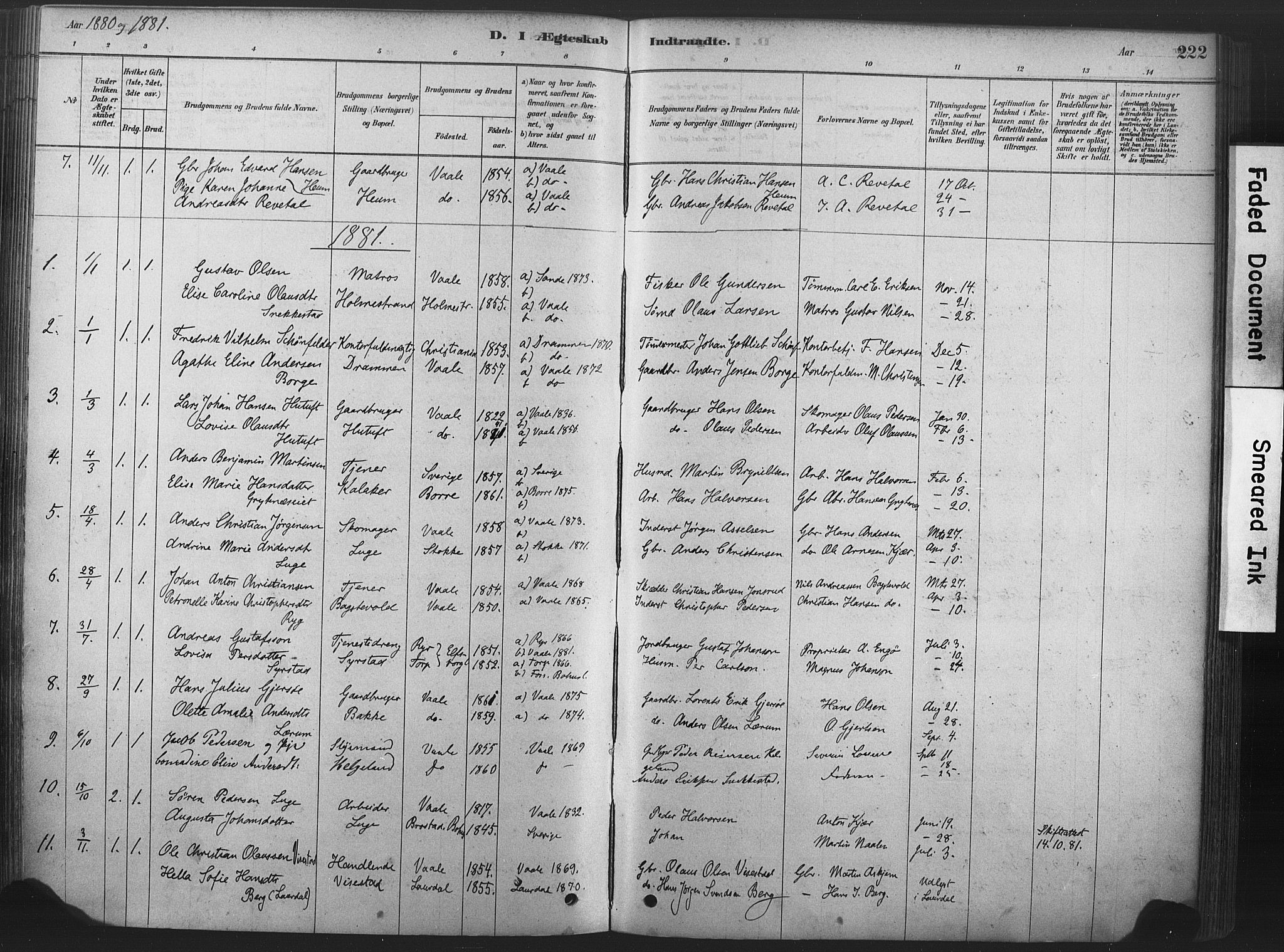 Våle kirkebøker, AV/SAKO-A-334/F/Fa/L0011: Parish register (official) no. I 11, 1878-1906, p. 222