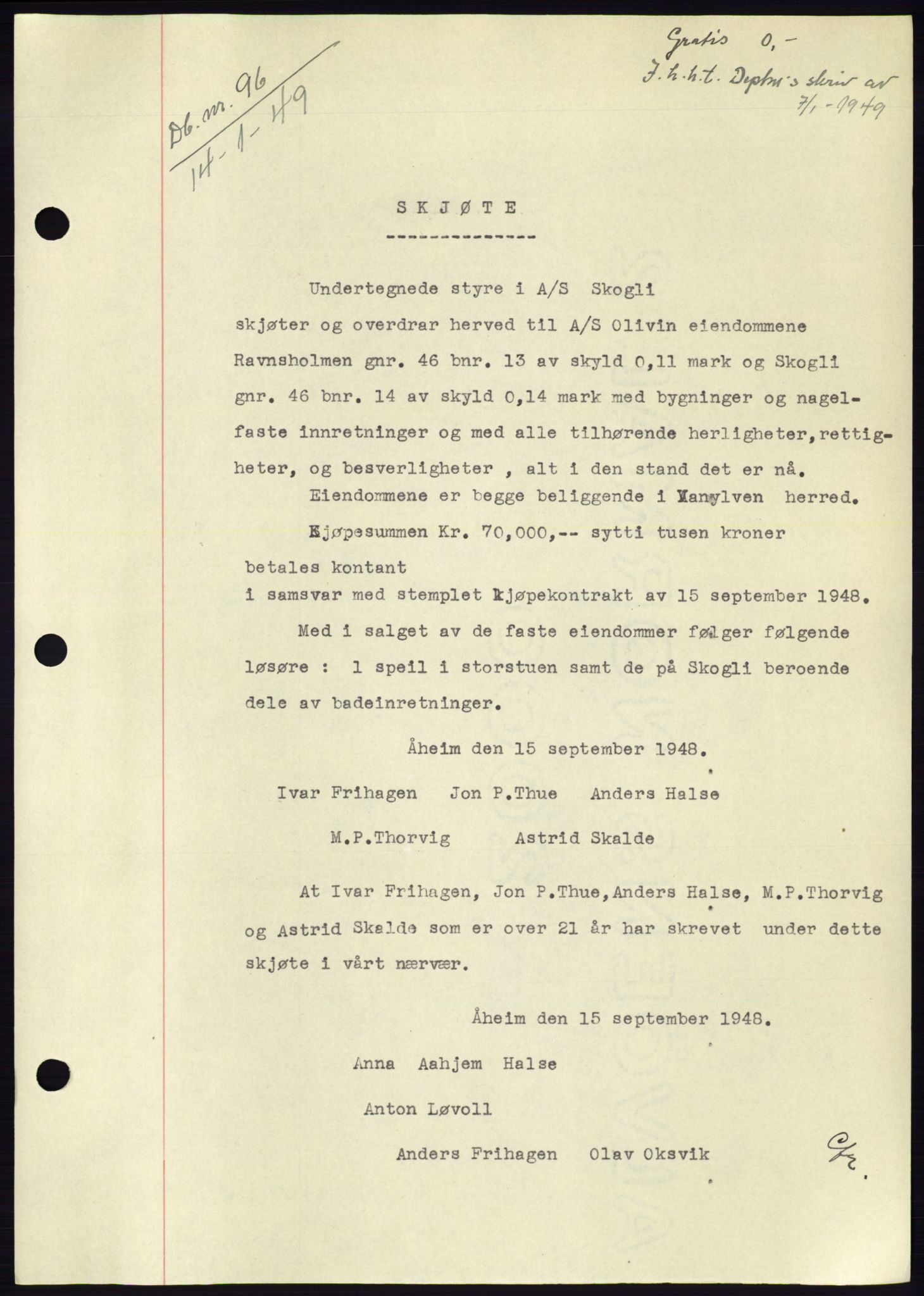 Søre Sunnmøre sorenskriveri, AV/SAT-A-4122/1/2/2C/L0083: Mortgage book no. 9A, 1948-1949, Diary no: : 96/1949