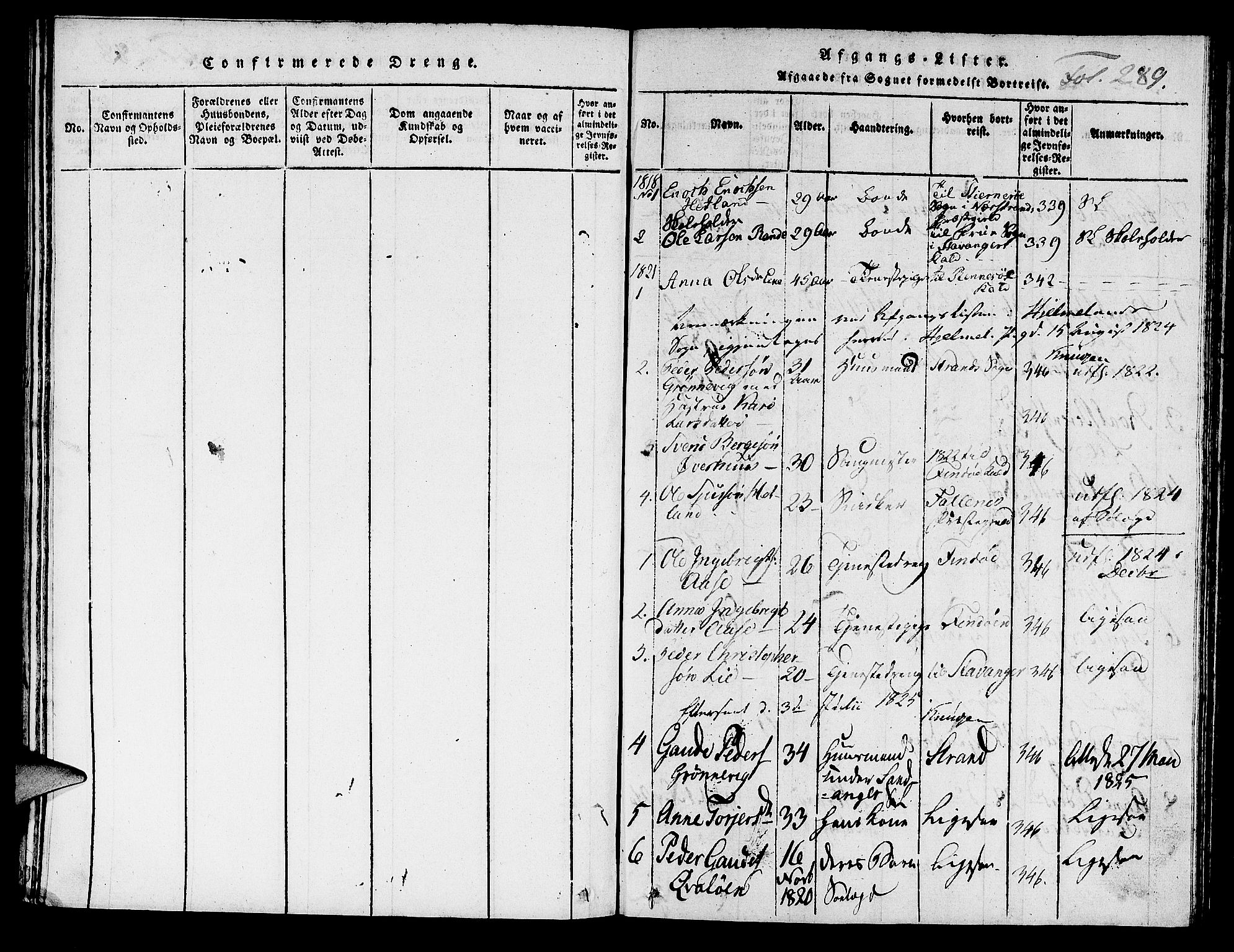Hjelmeland sokneprestkontor, SAST/A-101843/01/IV/L0004: Parish register (official) no. A 4, 1816-1834, p. 289