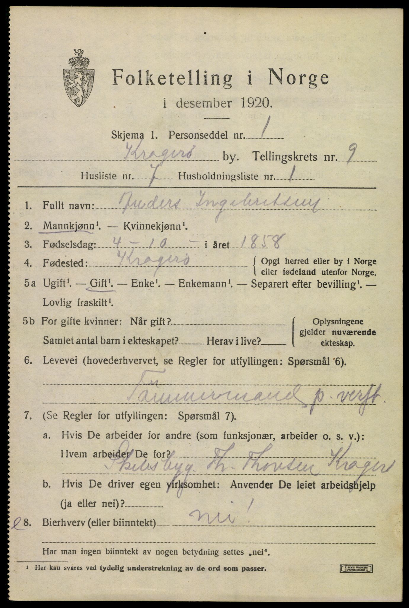 SAKO, 1920 census for Kragerø, 1920, p. 12015