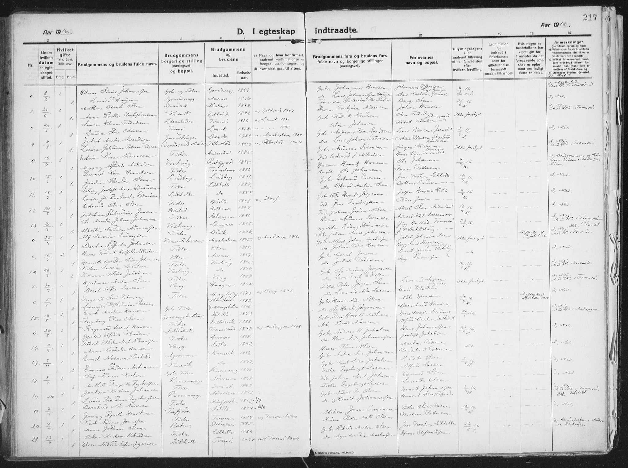 Lenvik sokneprestembete, SATØ/S-1310/H/Ha/Haa/L0016kirke: Parish register (official) no. 16, 1910-1924, p. 217