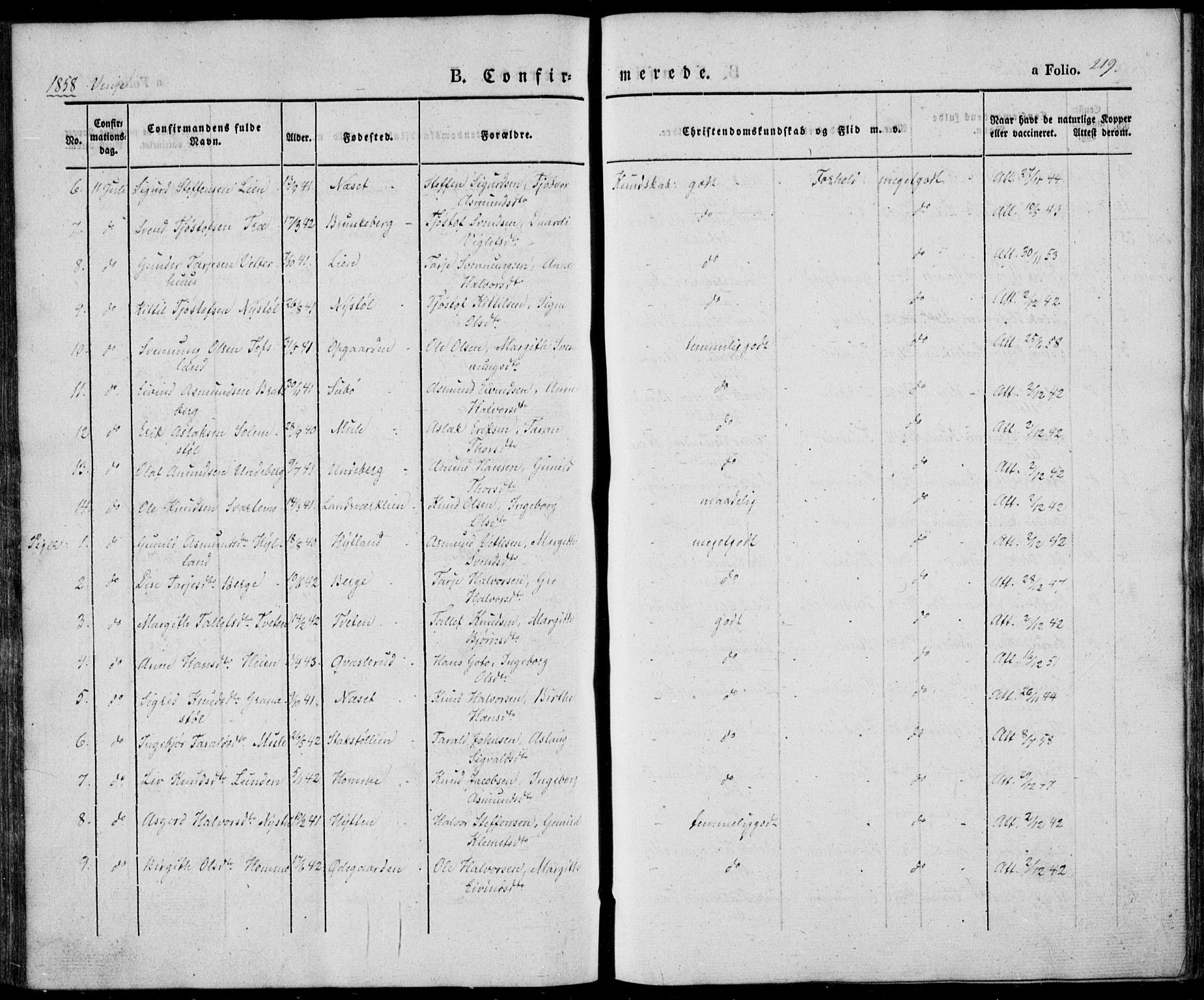 Vinje kirkebøker, SAKO/A-312/F/Fa/L0004: Parish register (official) no. I 4, 1843-1869, p. 219