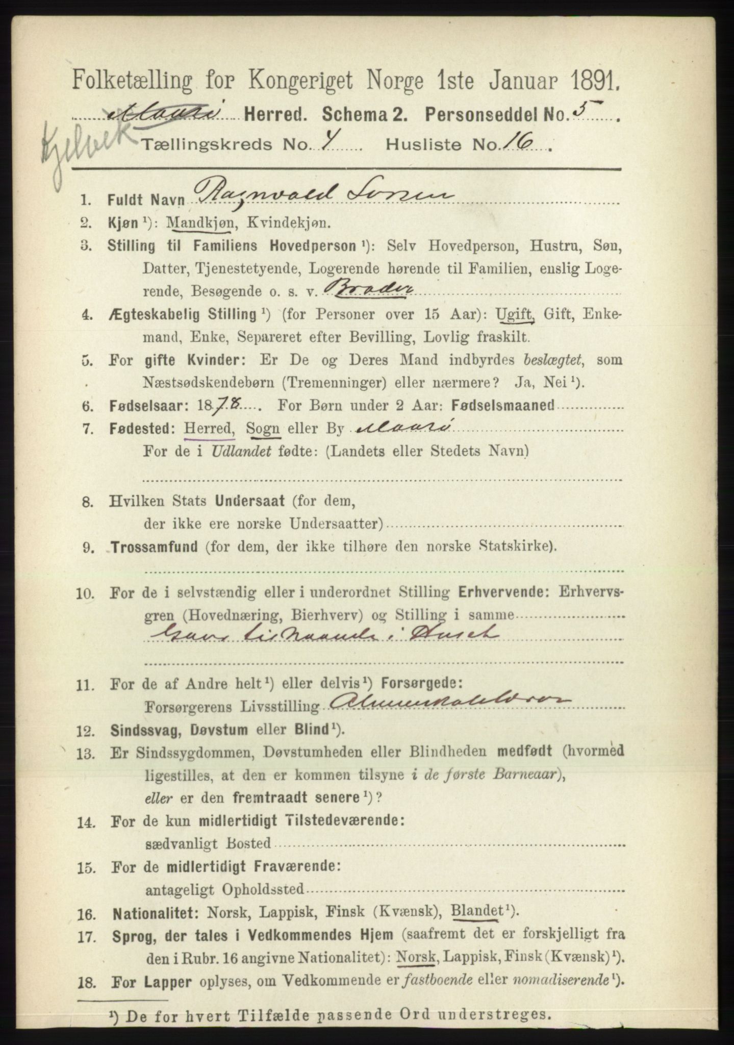 RA, 1891 census for 2019 Kjelvik, 1891, p. 535