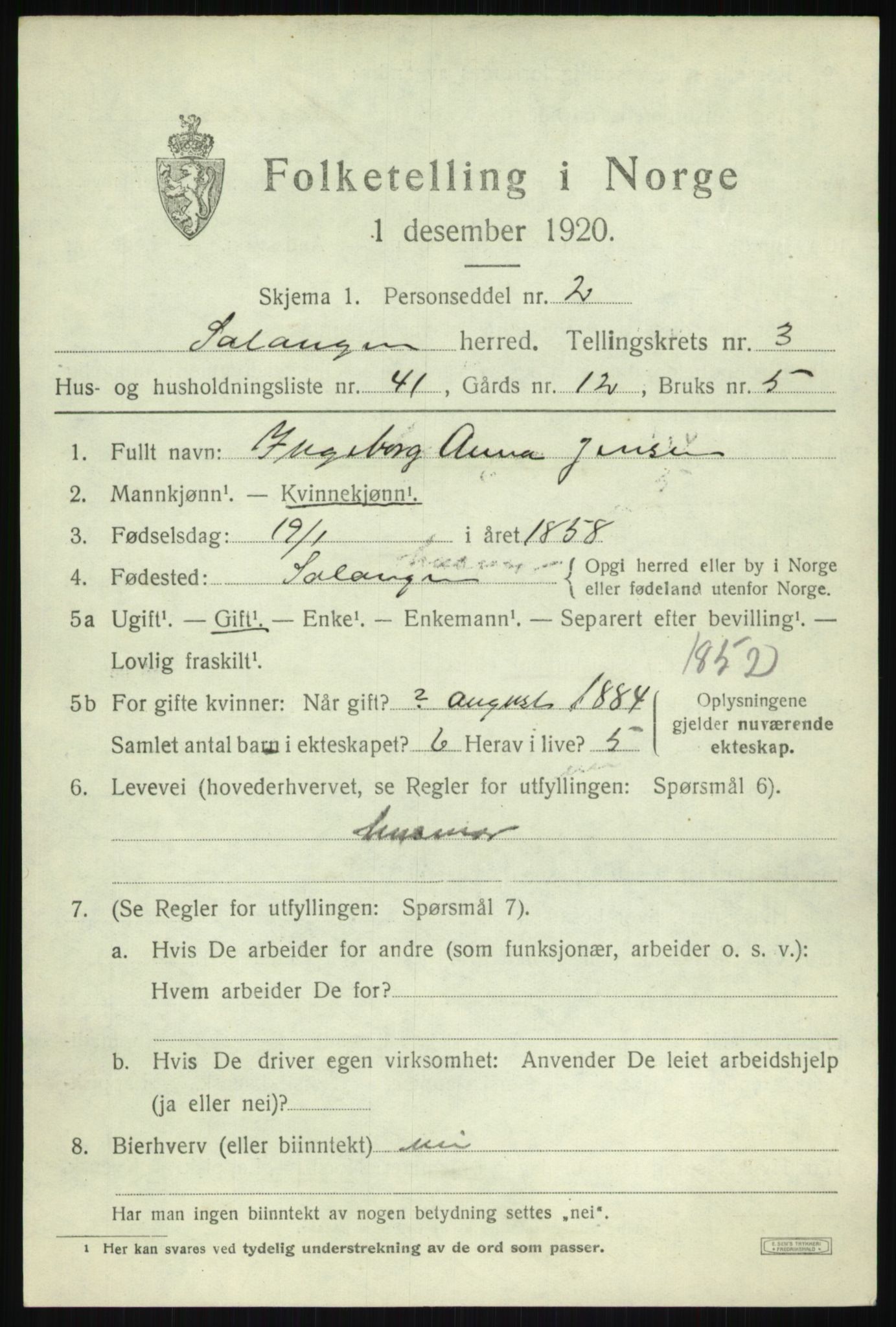 SATØ, 1920 census for Salangen, 1920, p. 2036