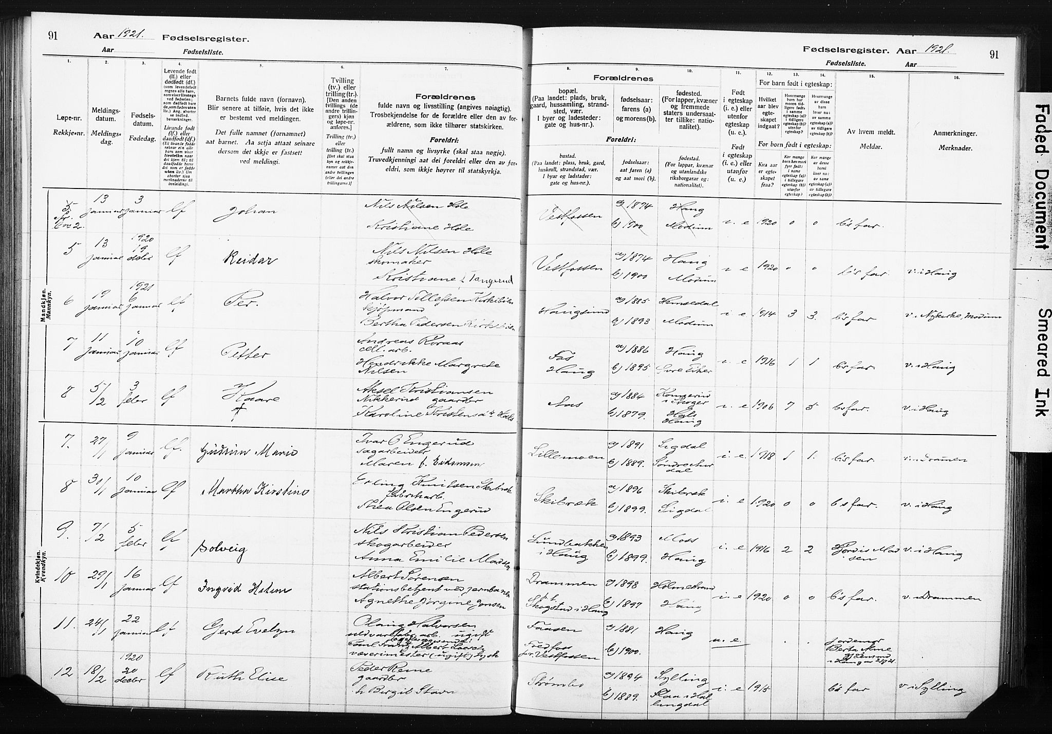 Eiker kirkebøker, SAKO/A-4/J/Ja/L0001: Birth register no. 1, 1916-1927, p. 91