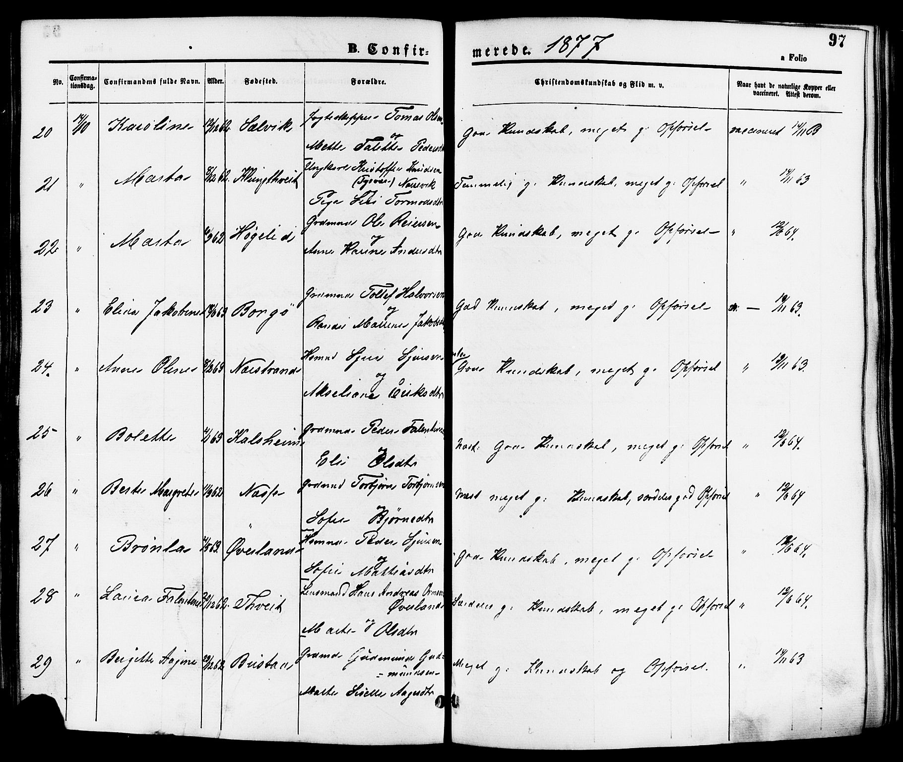 Nedstrand sokneprestkontor, AV/SAST-A-101841/01/IV: Parish register (official) no. A 11, 1877-1887, p. 97