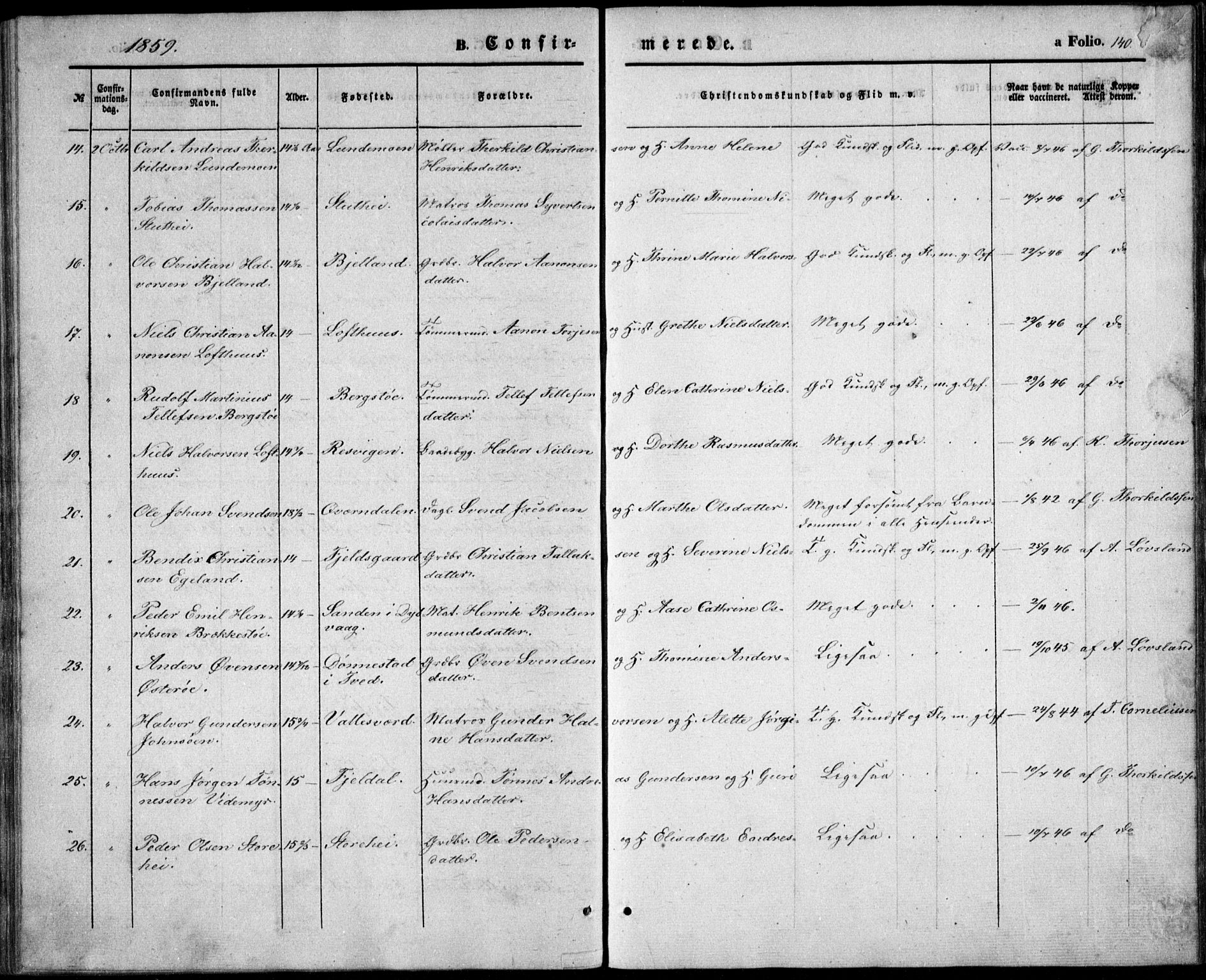 Vestre Moland sokneprestkontor, AV/SAK-1111-0046/F/Fb/Fbb/L0003: Parish register (copy) no. B 3, 1851-1861, p. 140