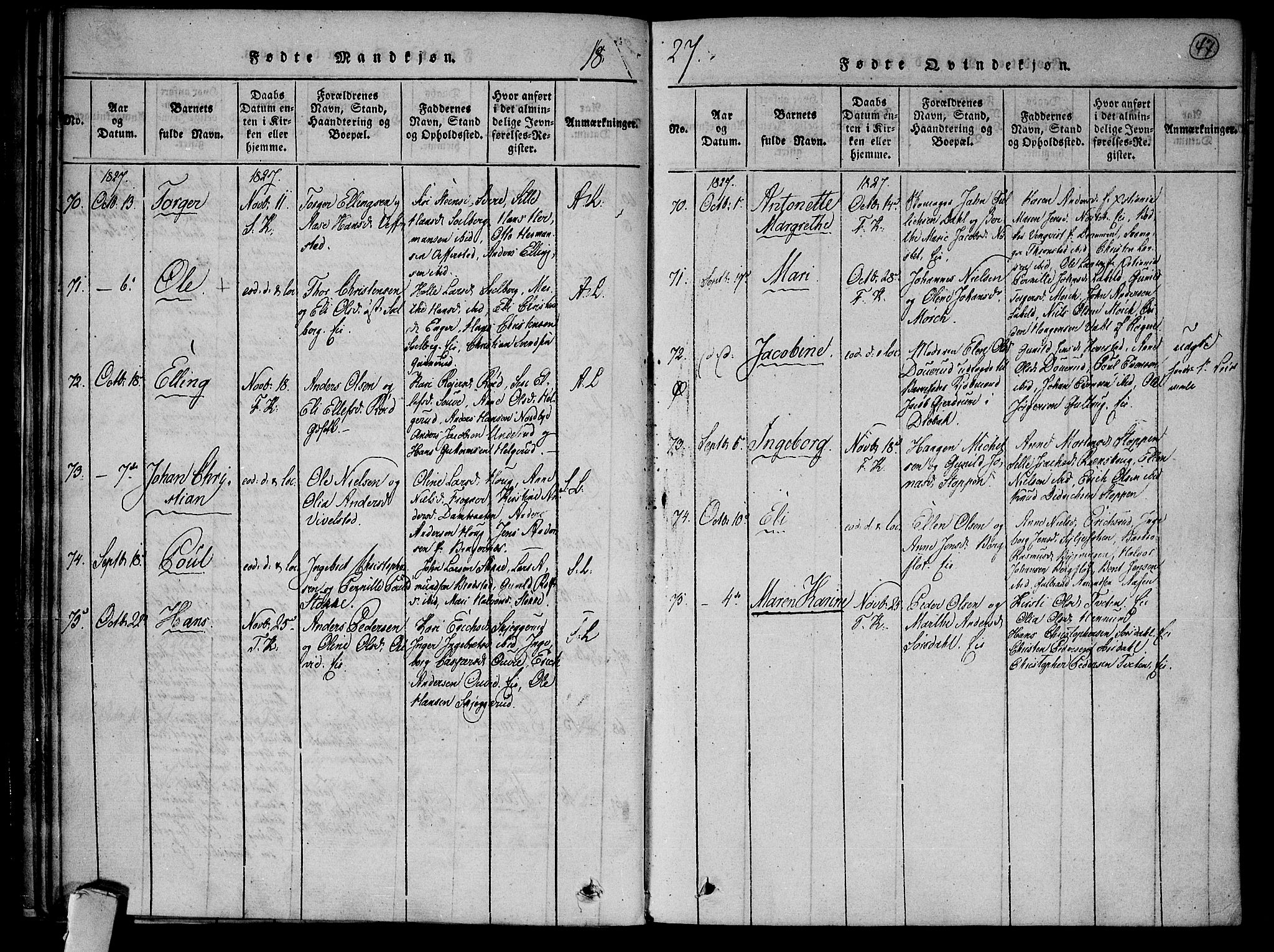 Lier kirkebøker, AV/SAKO-A-230/F/Fa/L0009: Parish register (official) no. I 9, 1824-1827, p. 47