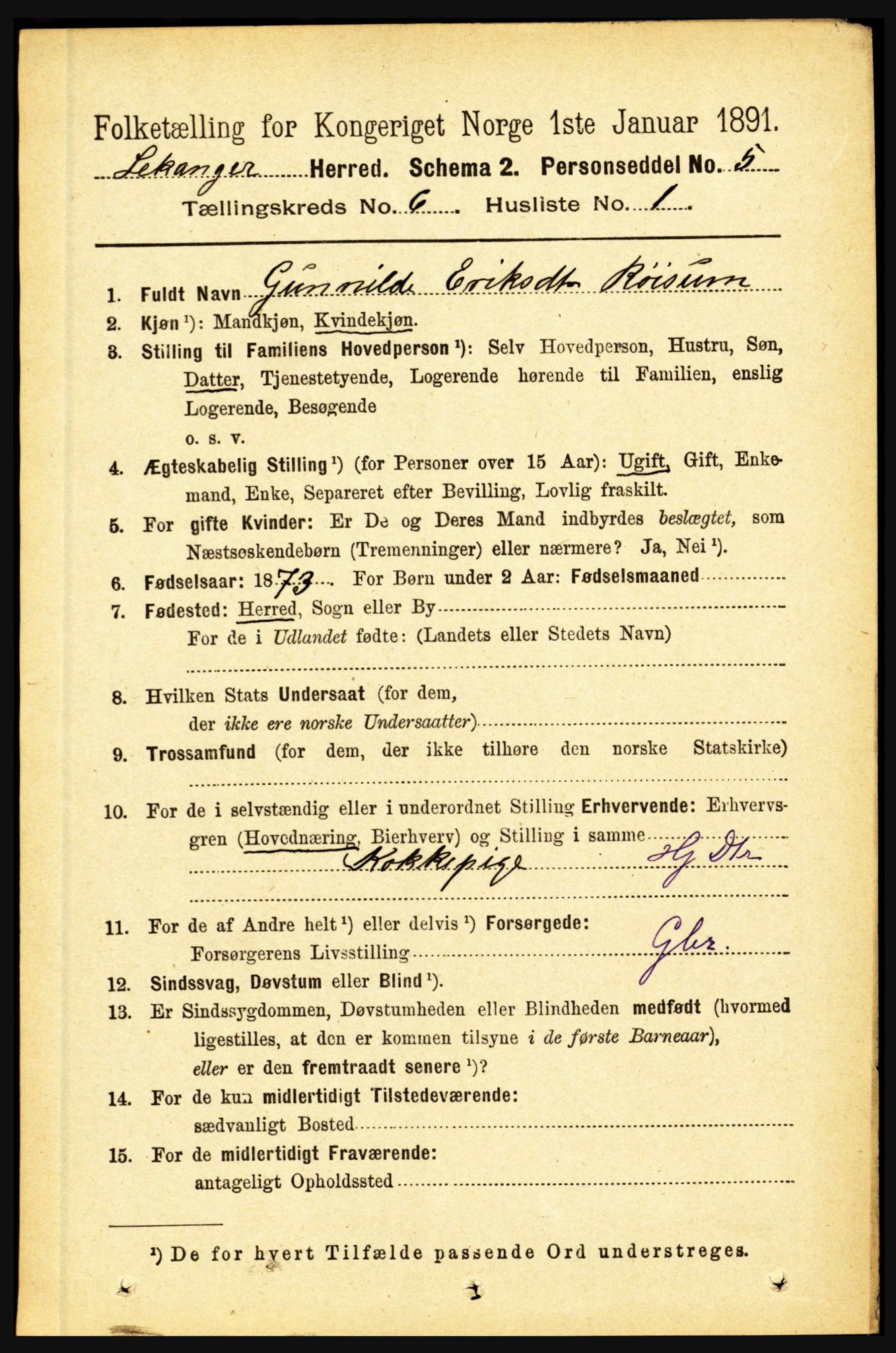 RA, 1891 census for 1419 Leikanger, 1891, p. 1122