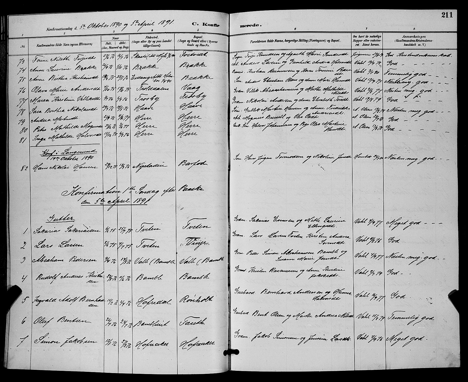 Bamble kirkebøker, SAKO/A-253/G/Ga/L0009: Parish register (copy) no. I 9, 1888-1900, p. 211