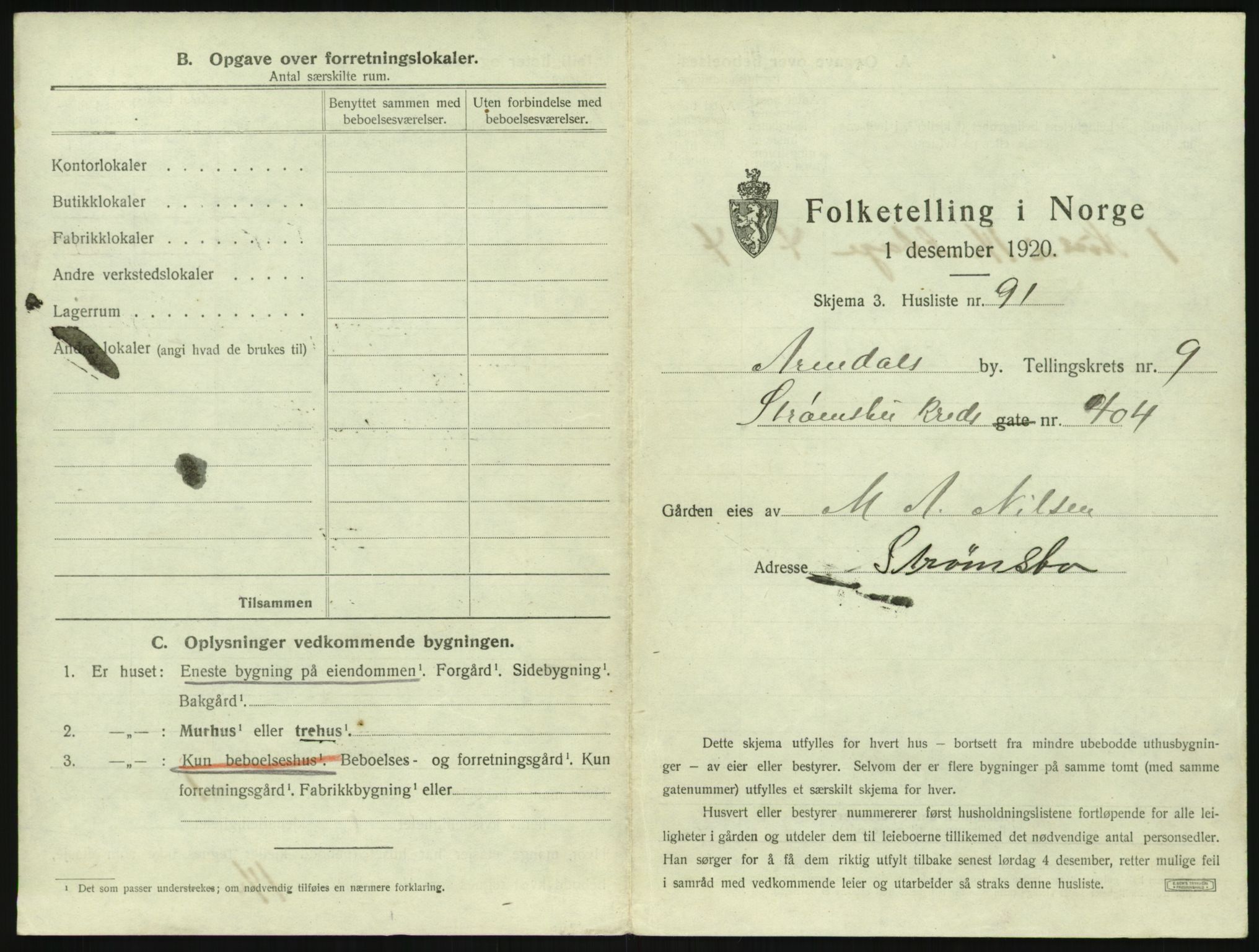 SAK, 1920 census for Arendal, 1920, p. 1282