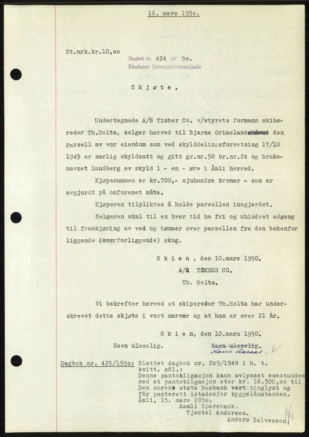 Nedenes sorenskriveri, AV/SAK-1221-0006/G/Gb/Gba/L0062: Mortgage book no. A14, 1949-1950, Diary no: : 424/1950