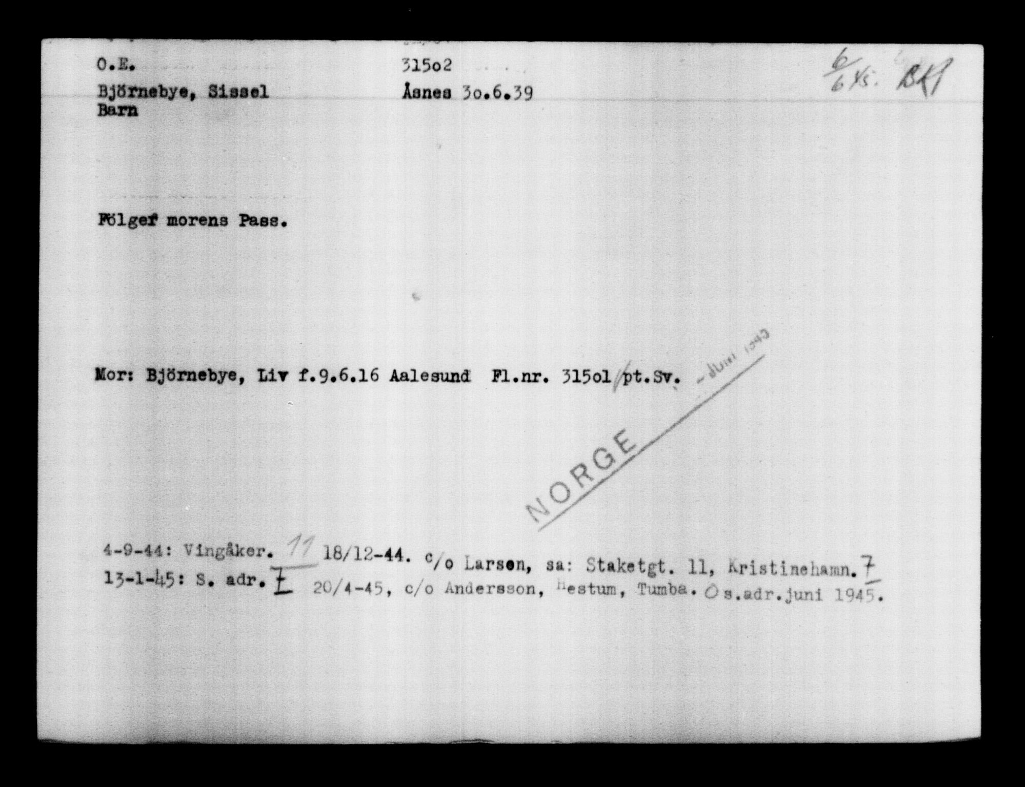 Utenriksstasjonene, Legasjonen i Stockholm, Flyktningkontoret, AV/RA-S-6753/V/Va/L0012: Kjesäterkartoteket, flyktninger med registreringsnr. 28300-31566, 1940-1945, p. 3468