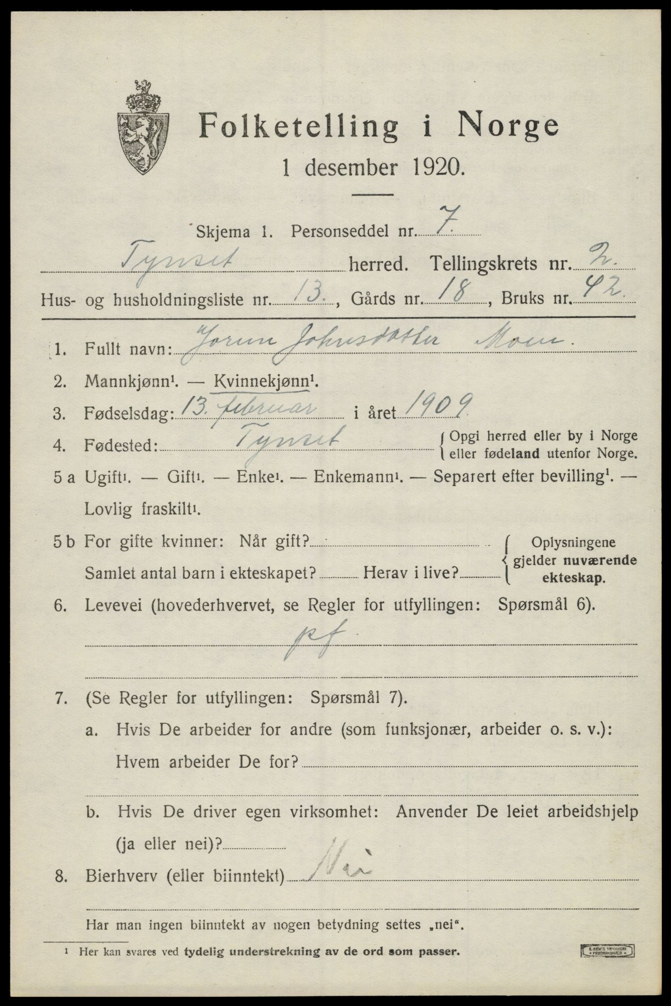 SAH, 1920 census for Tynset, 1920, p. 2438