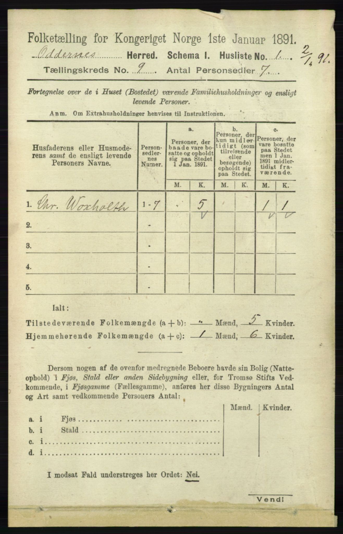 RA, 1891 census for 1012 Oddernes, 1891, p. 3180