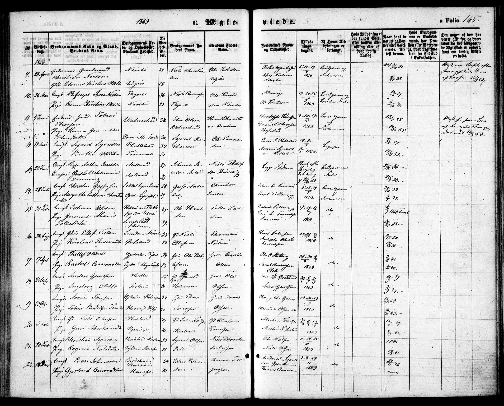 Hommedal sokneprestkontor, AV/SAK-1111-0023/F/Fa/Fab/L0005: Parish register (official) no. A 5, 1861-1877, p. 165