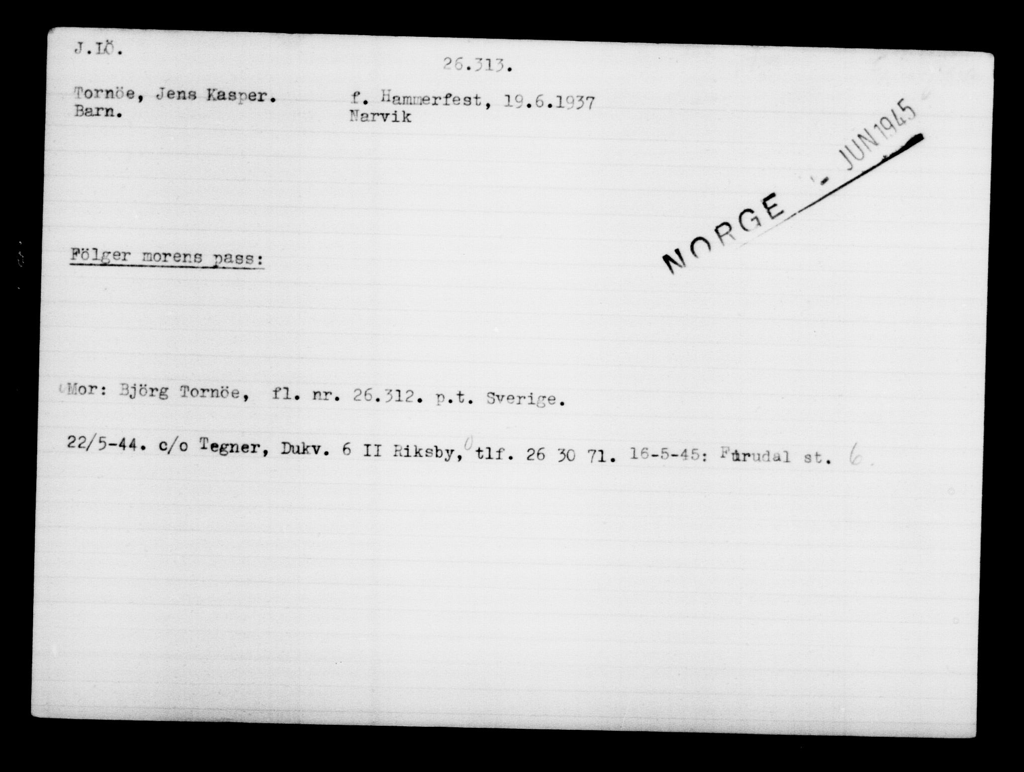 Den Kgl. Norske Legasjons Flyktningskontor, AV/RA-S-6753/V/Va/L0011: Kjesäterkartoteket.  Flyktningenr. 25300-28349, 1940-1945, p. 1069