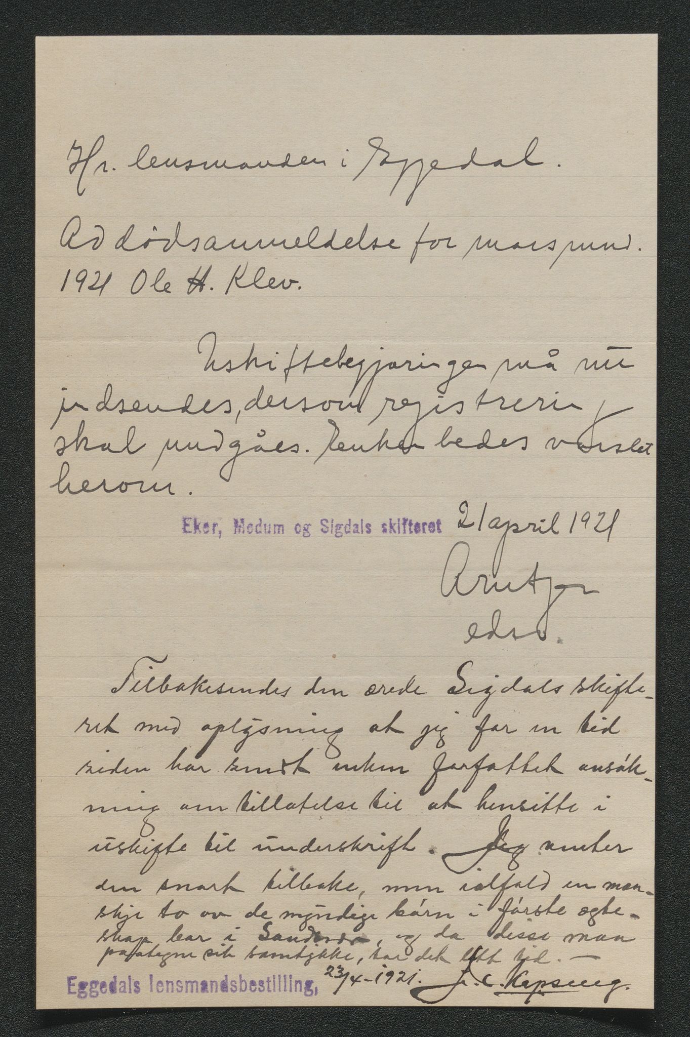 Eiker, Modum og Sigdal sorenskriveri, AV/SAKO-A-123/H/Ha/Hab/L0040: Dødsfallsmeldinger, 1920-1921, p. 1215