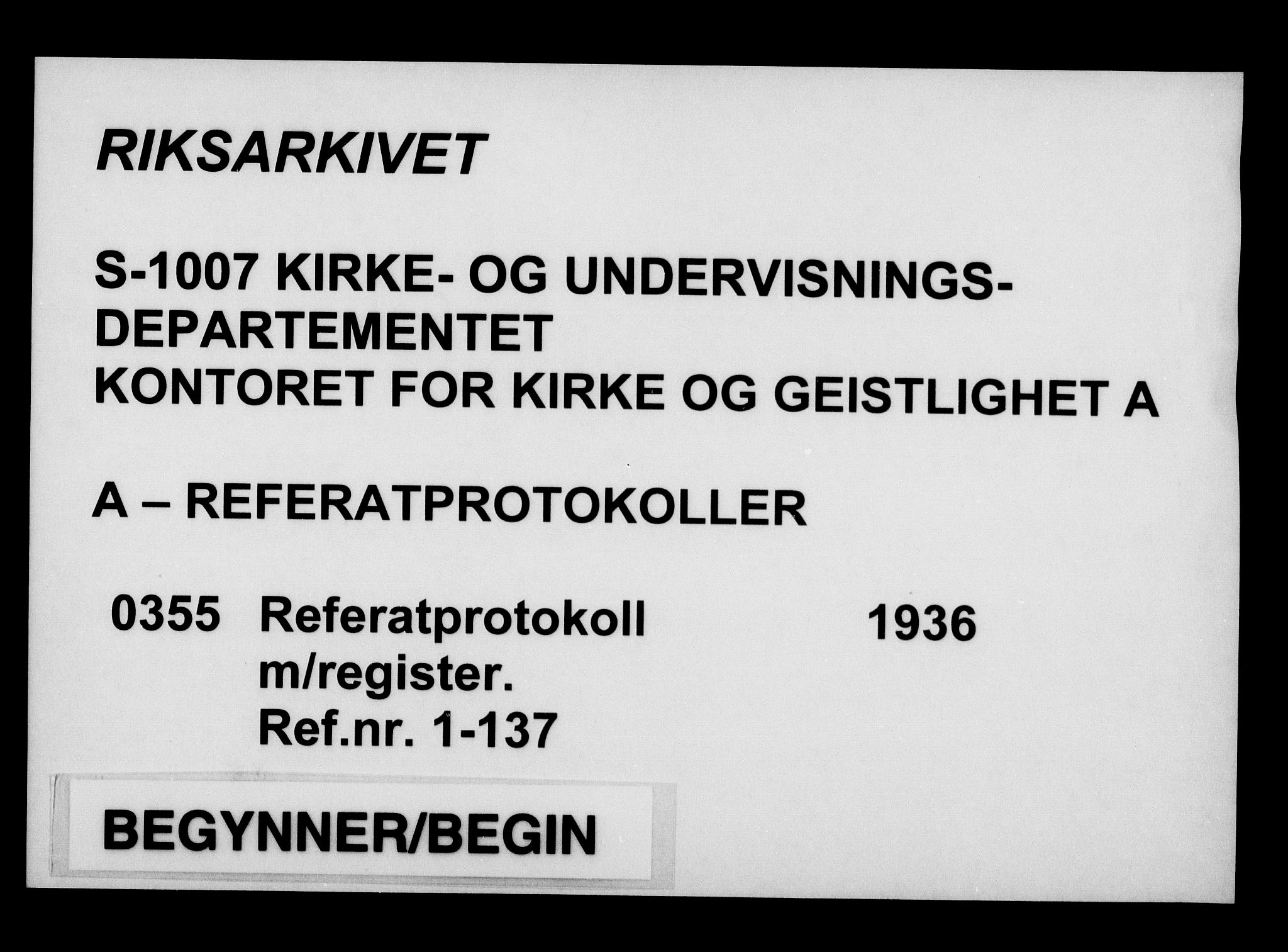 Kirke- og undervisningsdepartementet, Kontoret  for kirke og geistlighet A, AV/RA-S-1007/A/Aa/L0355: Referatprotokoll m/register. Ref.nr. 1-137, 1936